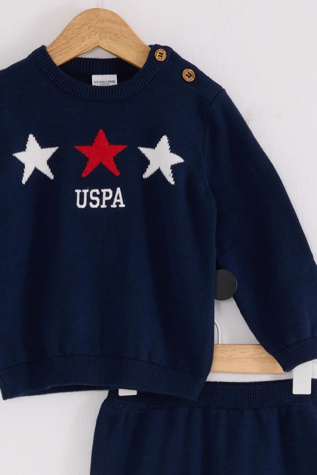U.S. Polo Assn Erkek Bebek Lacivert Takım, yıldız desenli pullover ve pantolon, marka logosu, bebek giyim seti