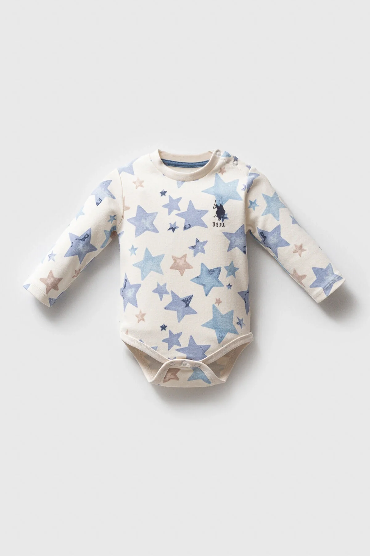 U.S. Polo Assn Erkek Bebek Mavi 3'lü Body Set, yıldız desenli ve basit renklerle bebek iç giyim seti