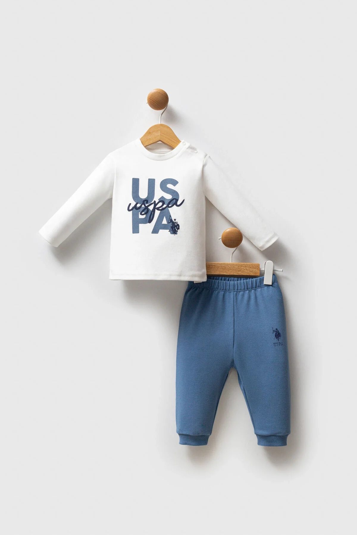 Mavi U.S. Polo Assn bebek takım elbise, kapüşonlu ceket ve pantolon, Arnetta markası, bebek giyim seti