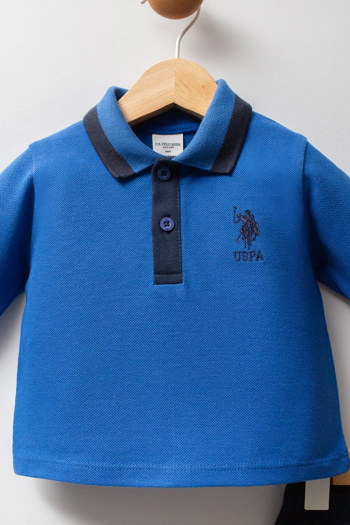 Mavi U.S. Polo Assn bebek takım elbise, uzun kollu polo üst ve elastik pantolon, marka logosu, bebek giyim seti