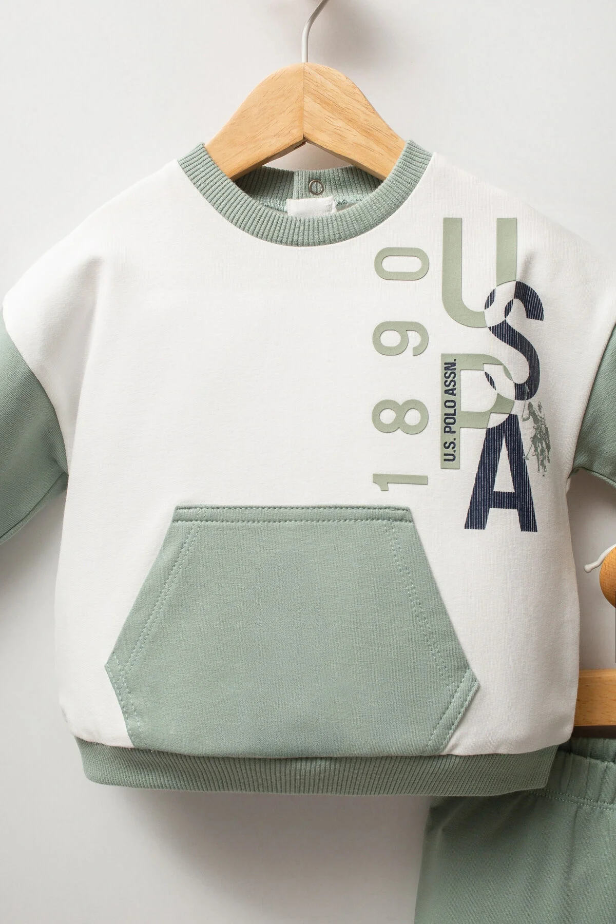 Yeşil ve beyaz U.S. Polo Assn bebek takım elbise, uzun kollu üst ve pantolon, bebek giyim seti