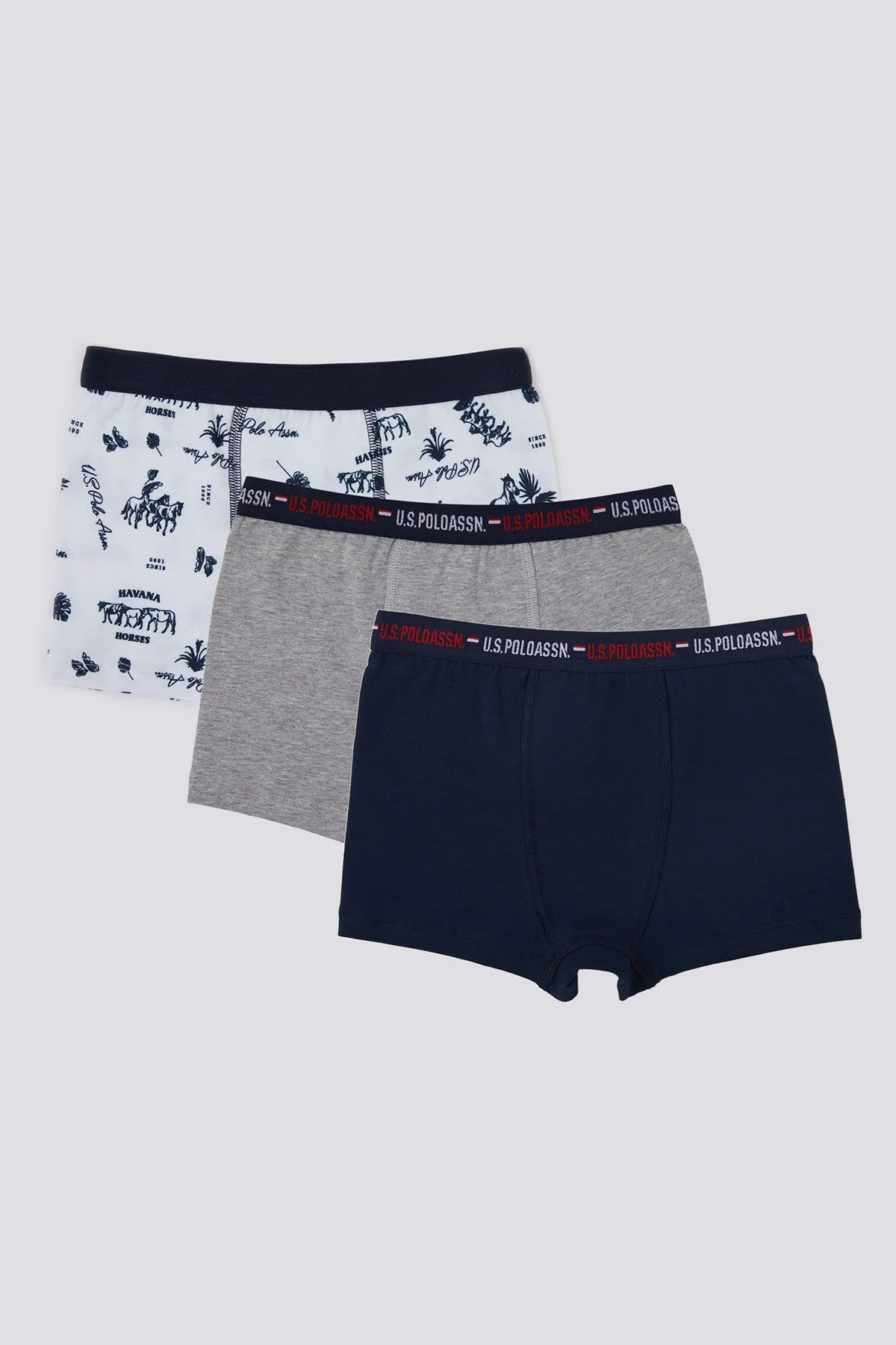 U.S. Polo Assn. Erkek Çocuk Beyaz ve Gri Boxer 3'lü Set, At Desenli ve Marka Logolu İç Giyim