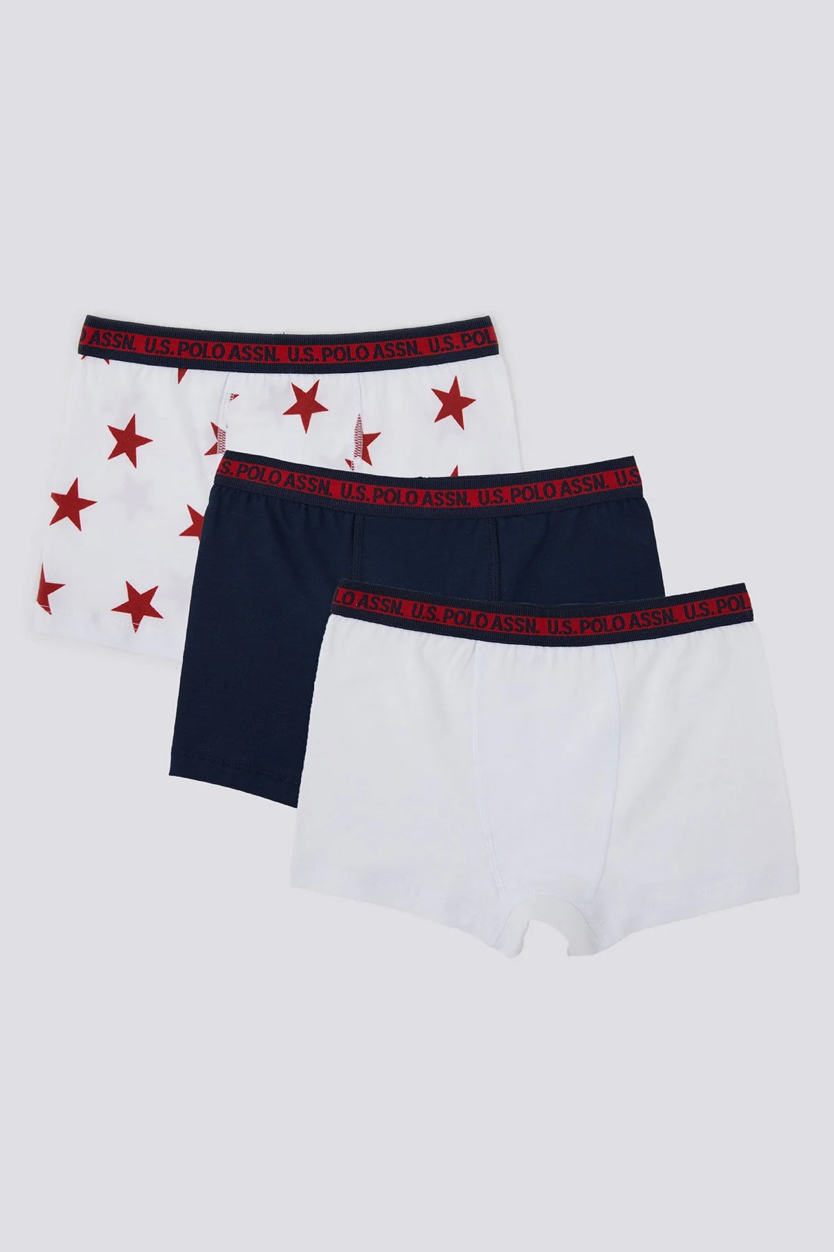 U.S. Polo Assn. Erkek Çocuk Beyaz ve Mavi Boxer 3'lü Set, Kırmızı yıldız desenli, marka etiketiyle, çocuk iç giyim