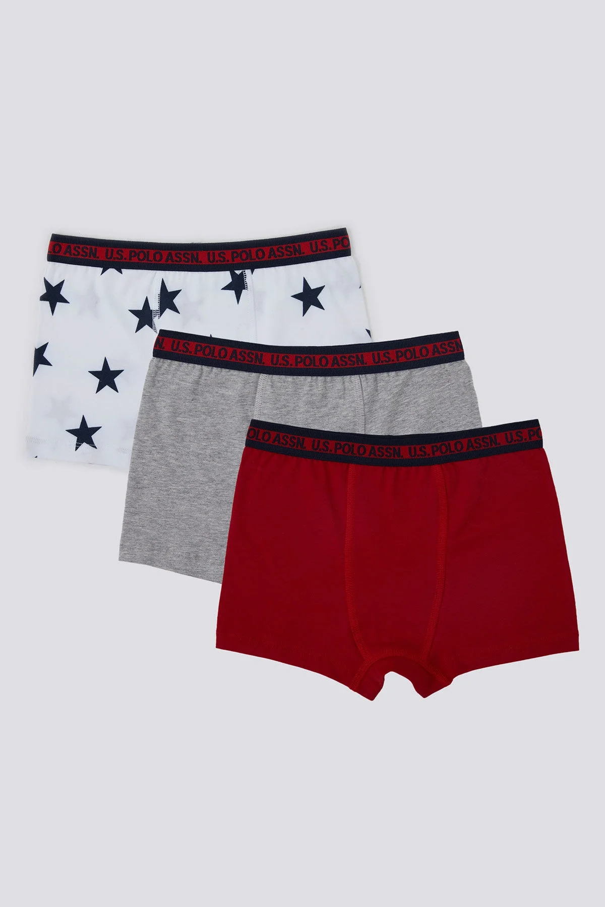 U.S. Polo Assn. Erkek Çocuk Beyaz Yıldızlı Boxer 3'lü Set, gri ve kırmızı renklerle çocuk iç giyim koleksiyonu