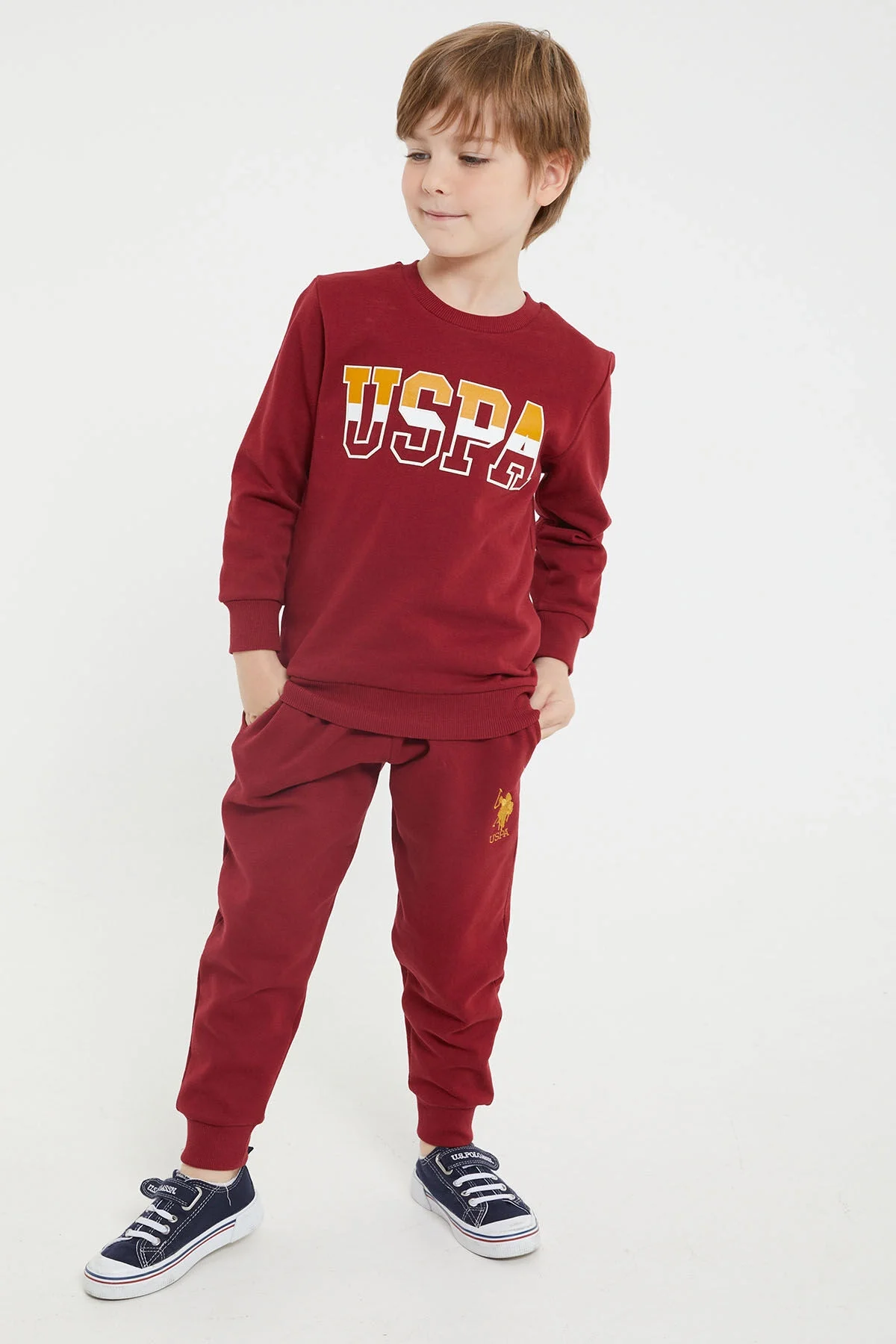 U.S. Polo Assn Erkek Çocuk Bordo Eşofman Takımı, USA logo, çocuk giyim, spor stil, kıyafet seti