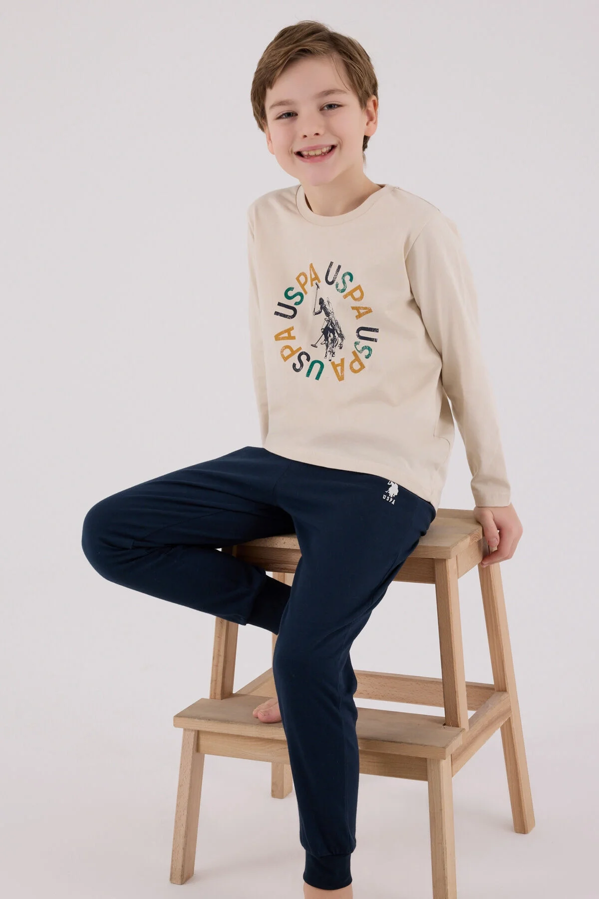 Arnetta U.S. Polo Assn Erkek Çocuk Krem Pijama Takımı Pijama Takımı Toptan