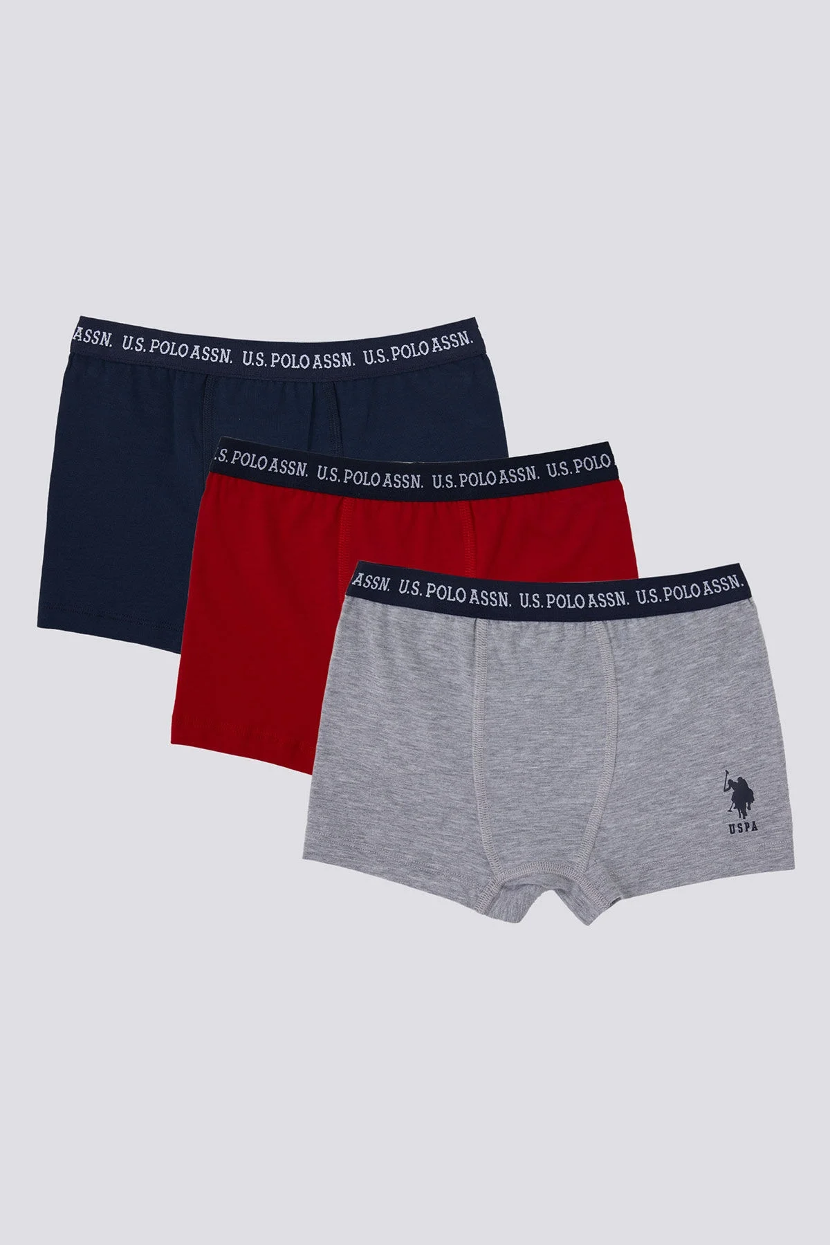 U.S. Polo Assn. Erkek Çocuk Lacivert Boxer 3'lü Set, Koyu Mavi, Kırmızı ve Gri Renkler, Marka Desenli İç Giyim