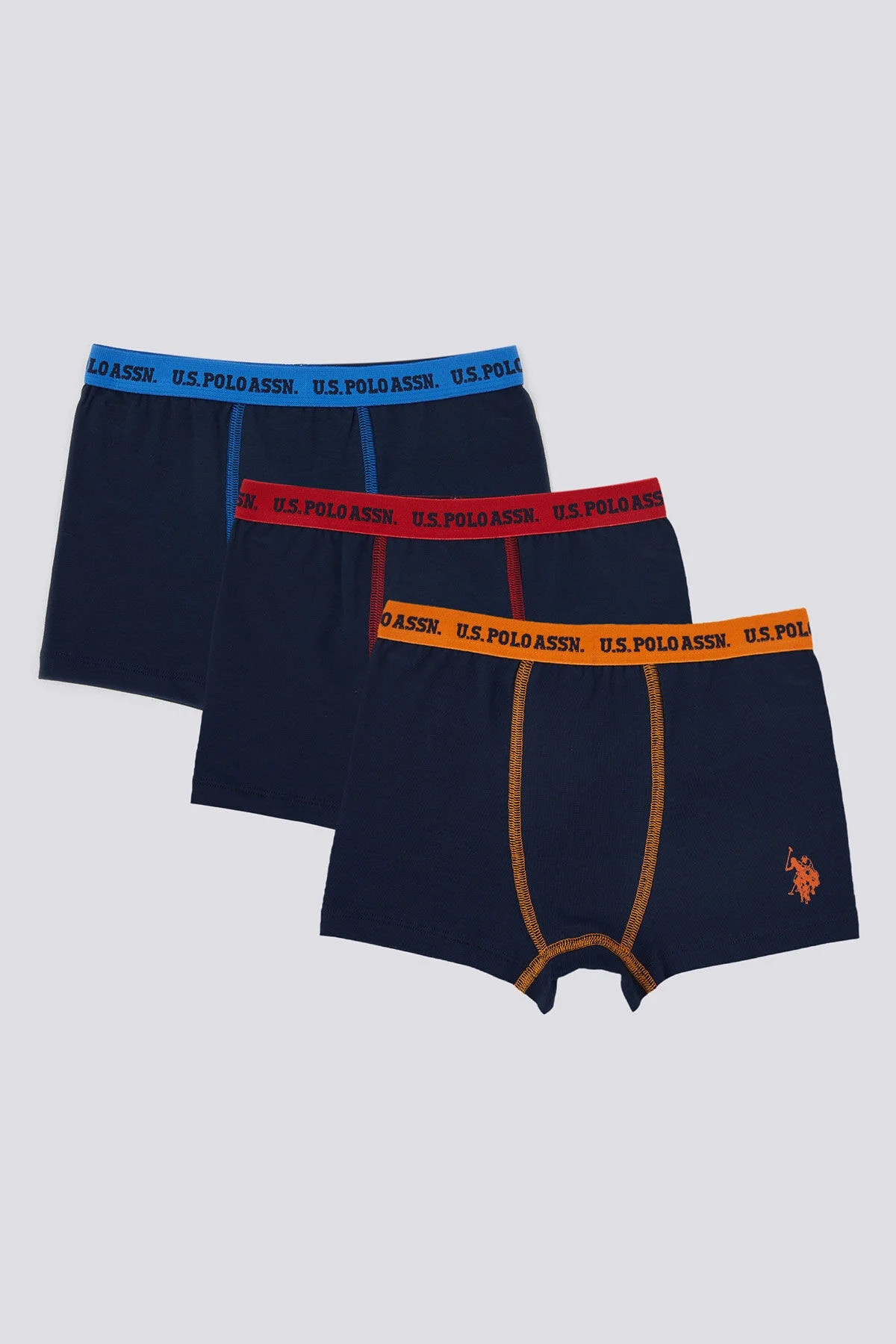U.S. Polo Assn. Erkek Çocuk Lacivert Boxer 3'lü Set, mavi, kırmızı, turuncu elastik detaylı, çocuk iç giyim