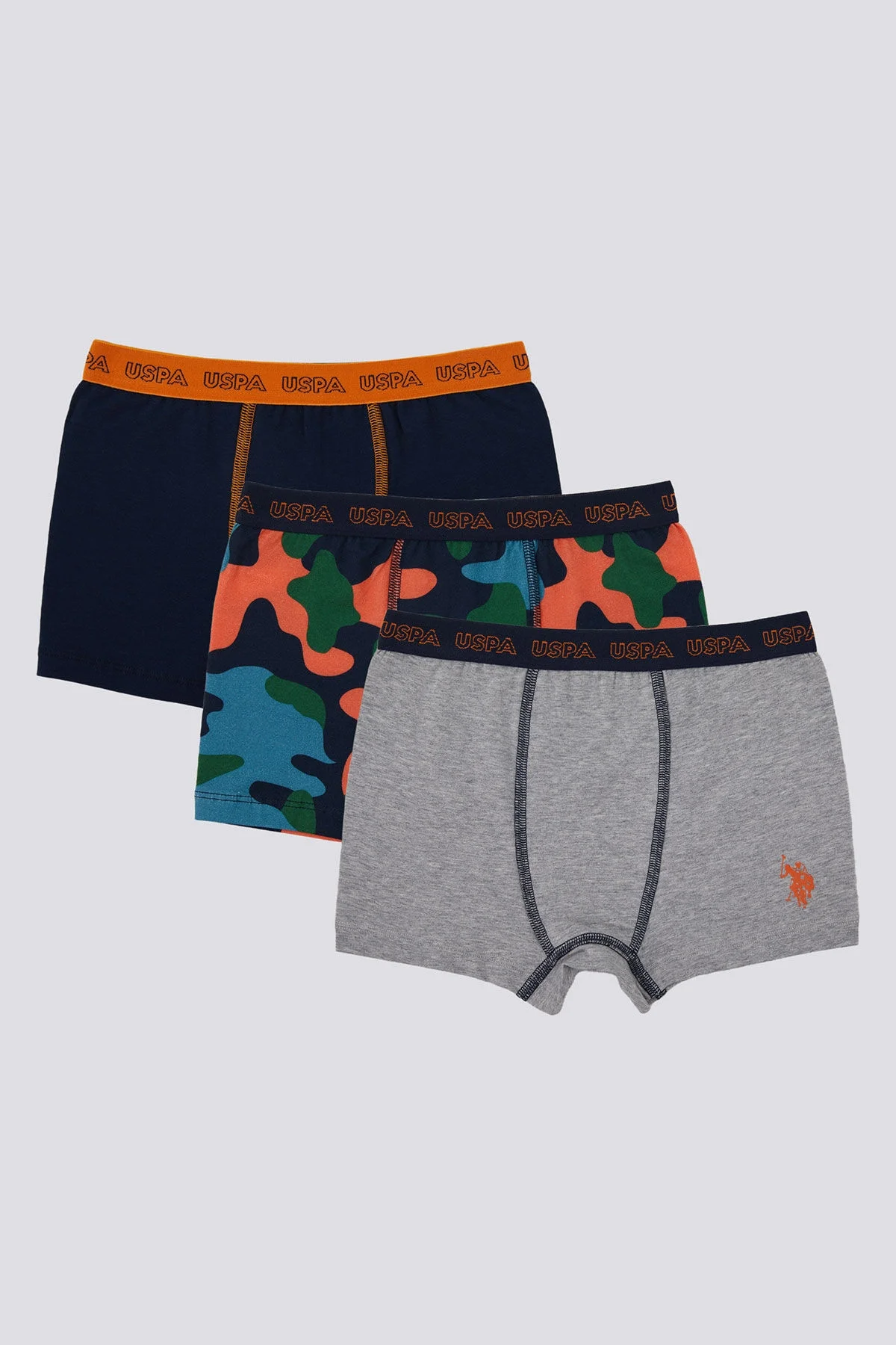 U.S. Polo Assn. Erkek Çocuk Lacivert Boxer 3'lü Set, Orta Boy, Koyu Mavi, Koyu Mavi Koyu Mavi Desenli, Gri, USPA Logolu