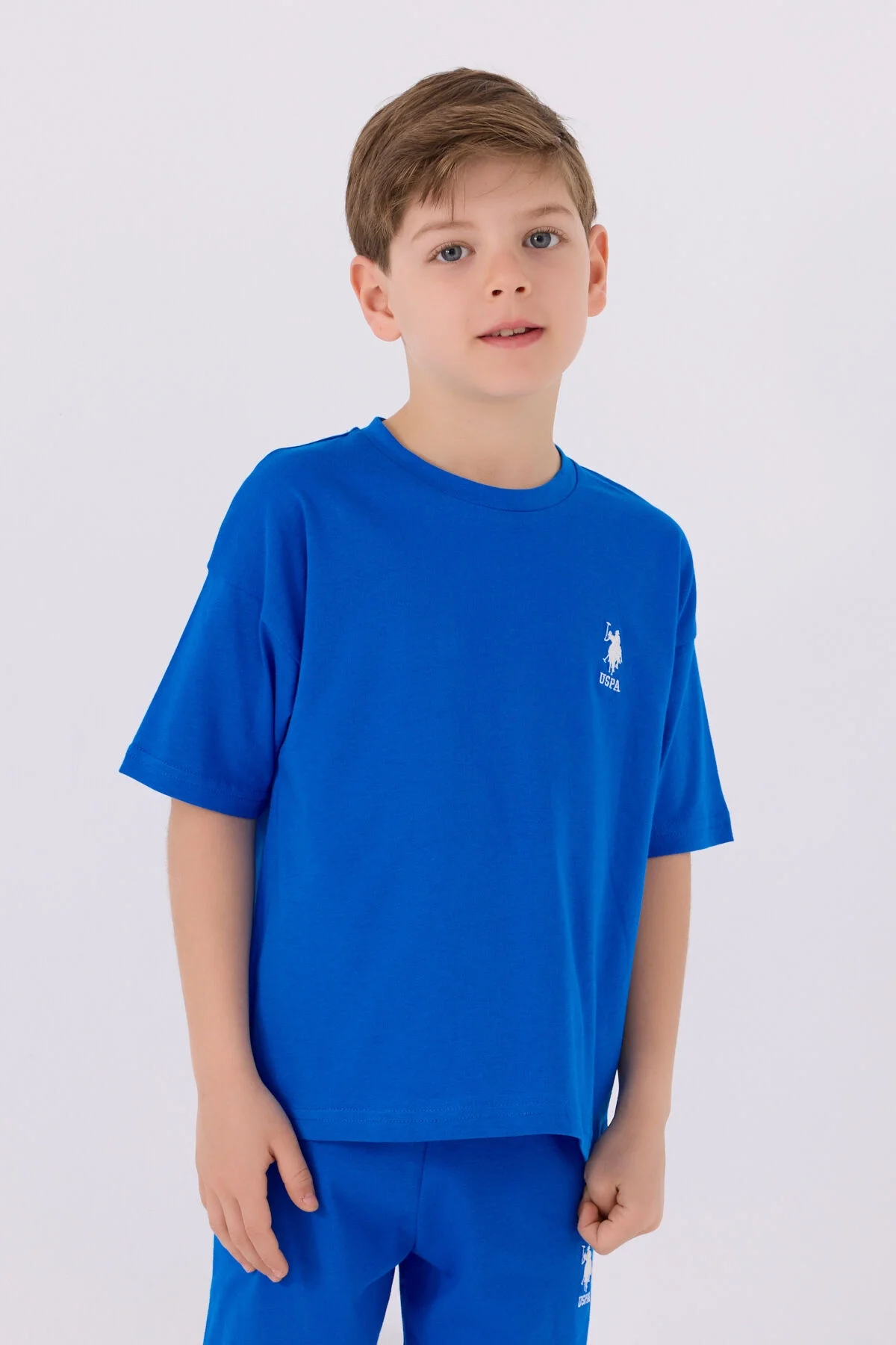 Mavi U.S. Polo Assn erkek çocuk Bermuda takım elbette, beyaz logo, çocuk giyim, yazlık spor kıyafet
