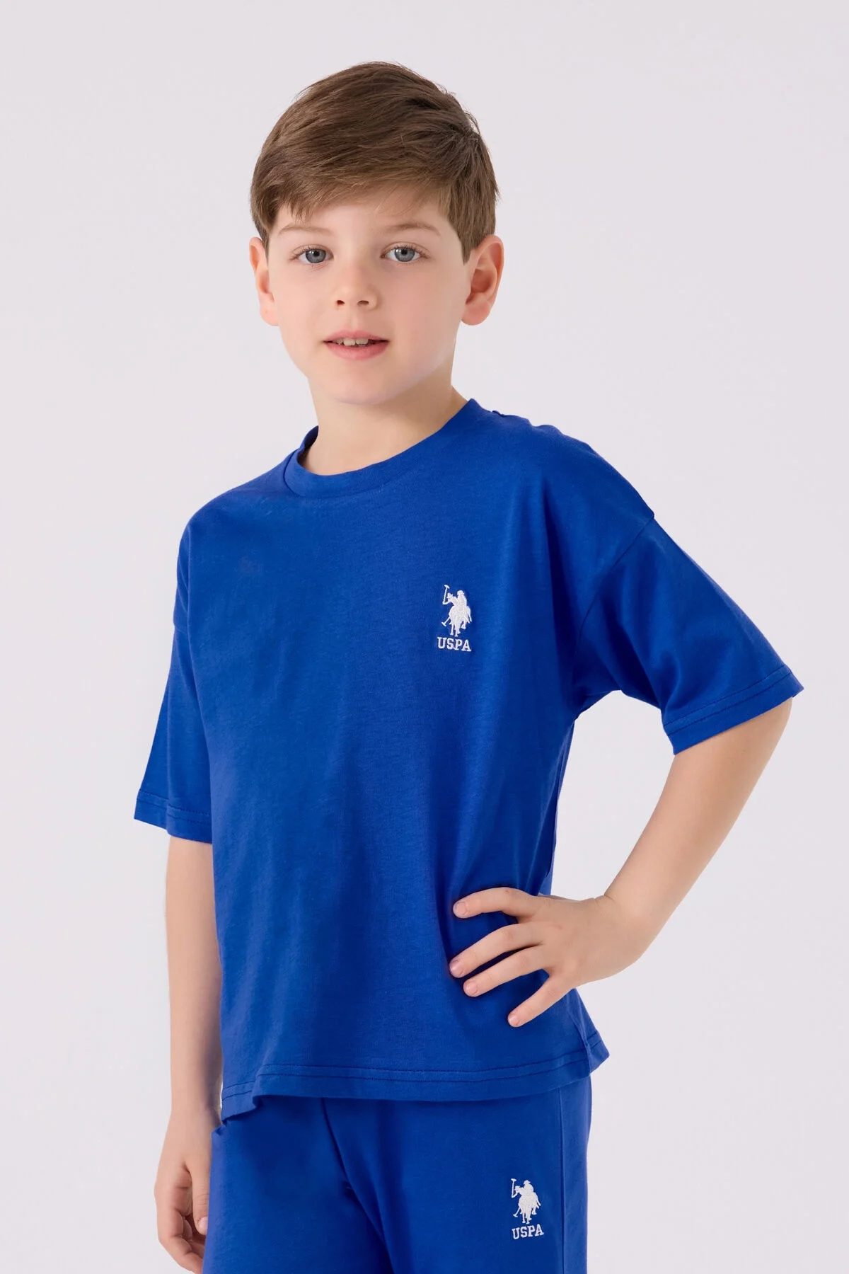 Mavi U.S. Polo Assn erkek çocuk Bermuda takım elbette, marka logosu, spor ve günlük giyim için ideal