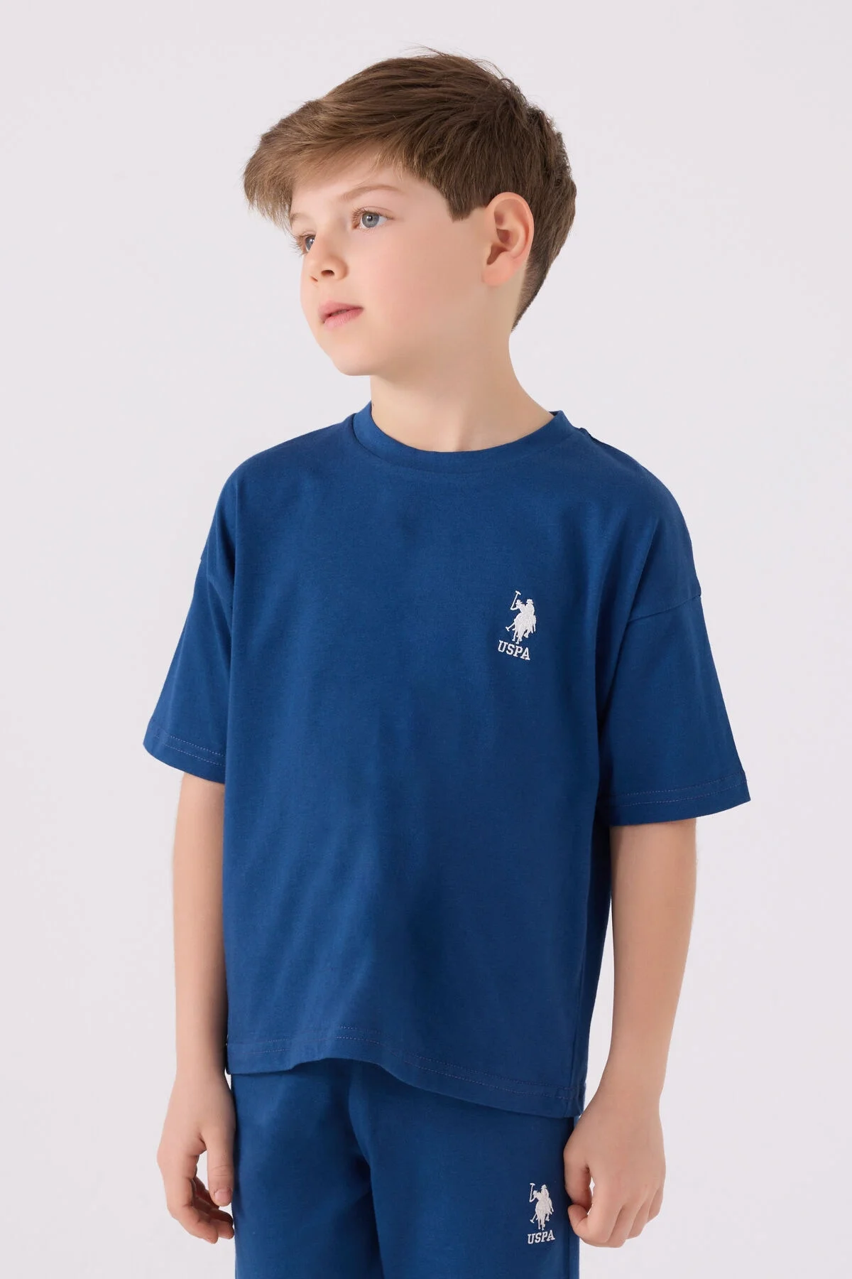 Mavi U.S. Polo Assn erkek çocuk Bermuda takım elbette, marka logosu, spor stil, çocuk giyim