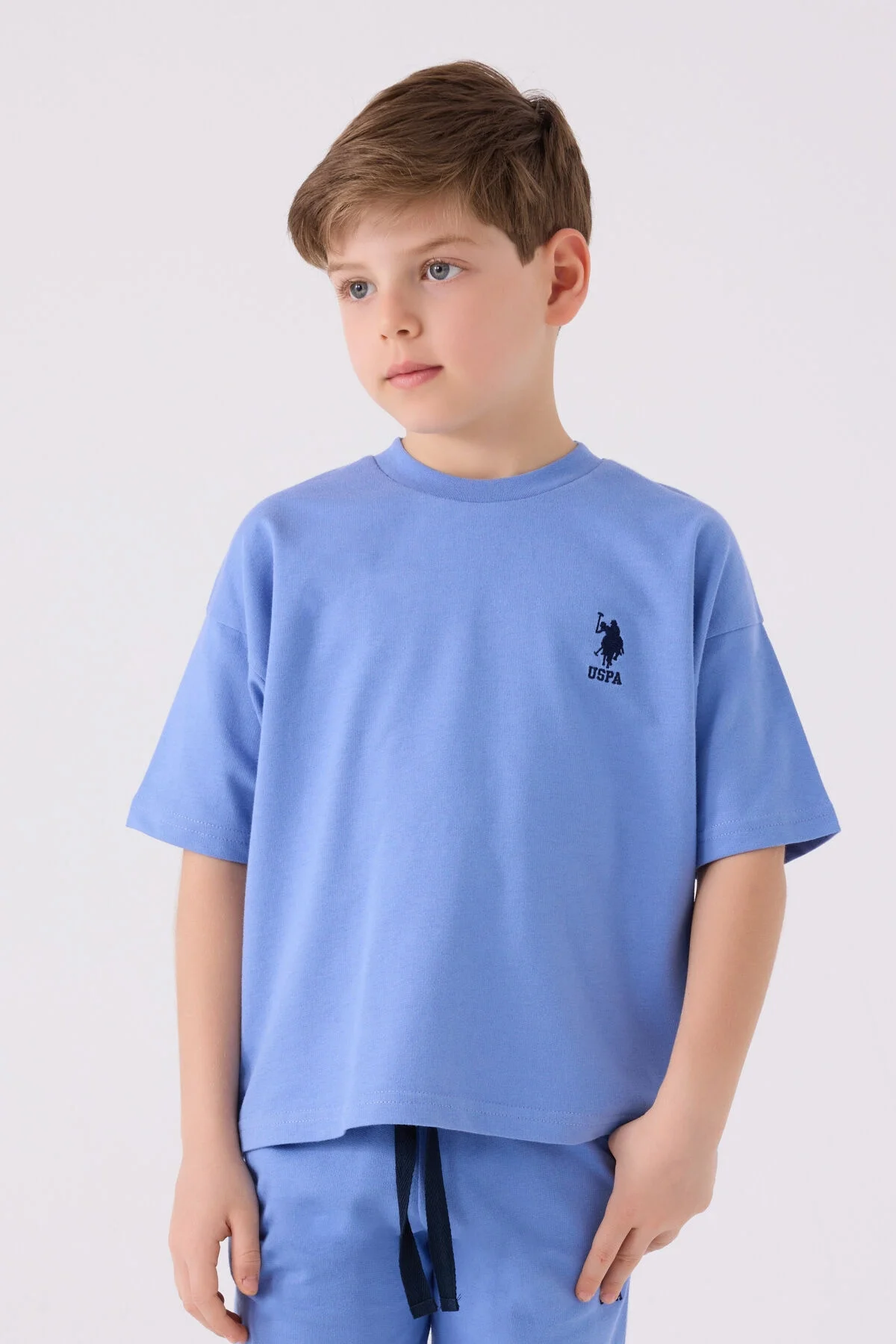 Mavi U.S. Polo Assn erkek çocuk Bermuda takım elbette, marka logosu, spor tarzı, çocuk giyim