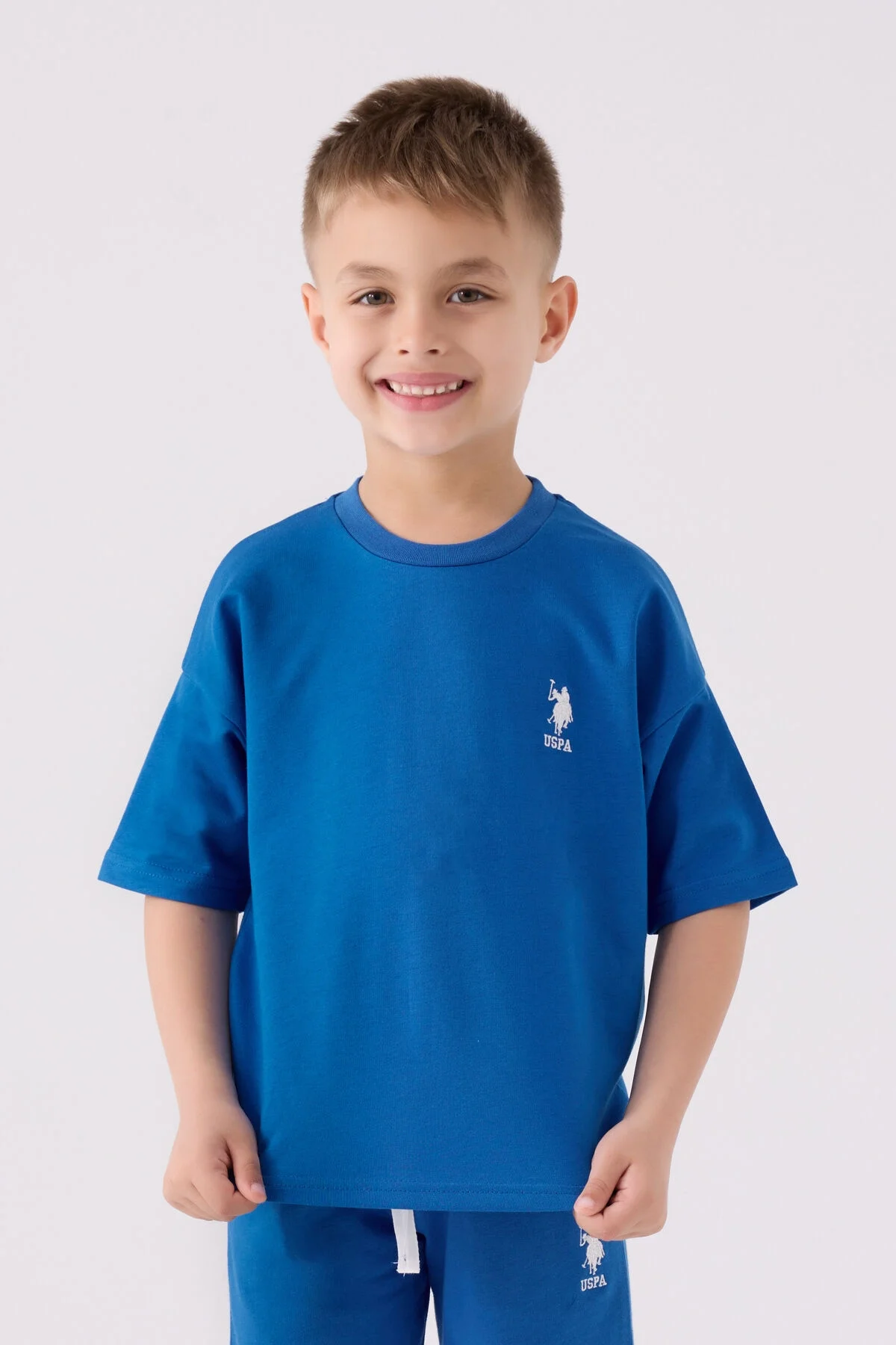 Mavi U.S. Polo Assn erkek çocuk Bermuda takım, üst ve alt parçaları, marka logosu, çocuk modeli, spor stil