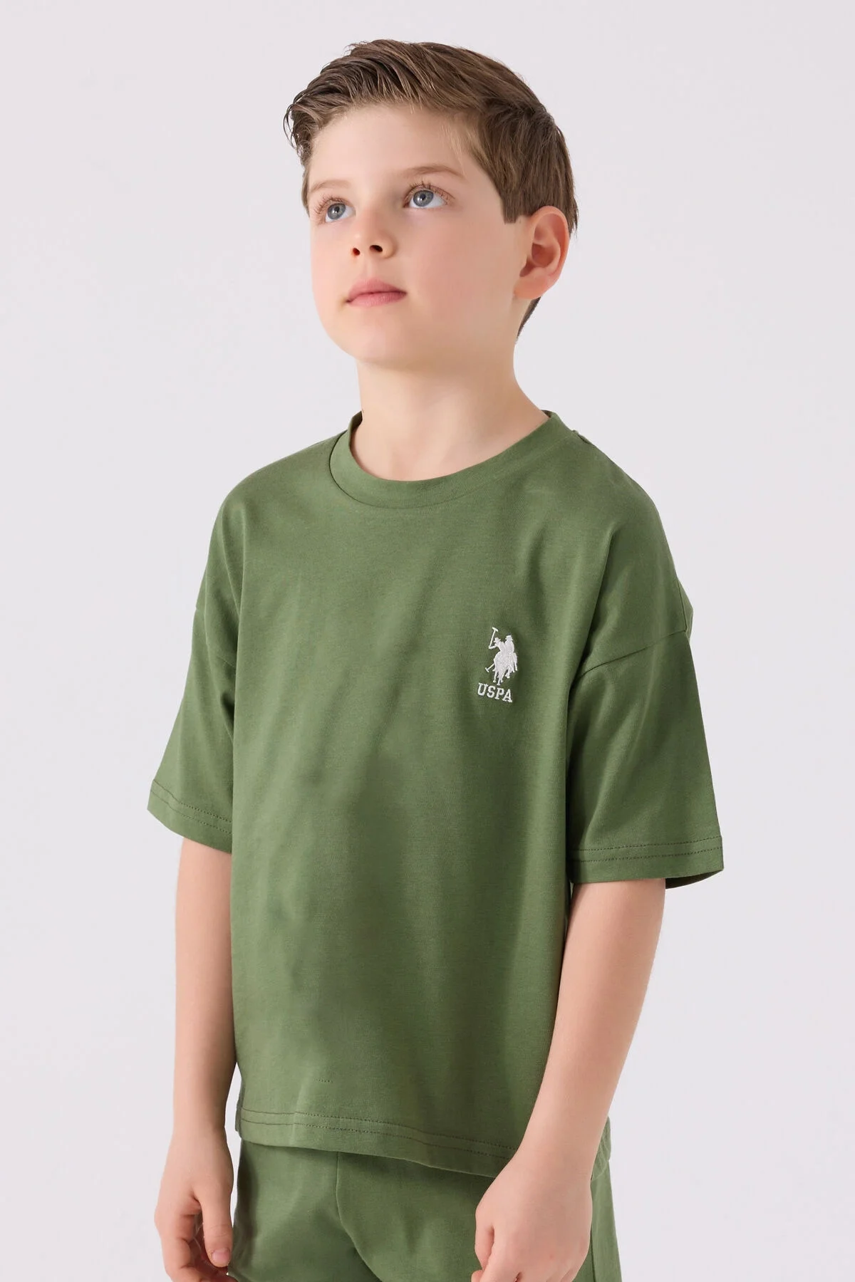 Yeşil U.S. Polo Assn erkek çocuk Bermuda takım elbette, üst ve alt parçaları, marka logosu, çocuk modeli
