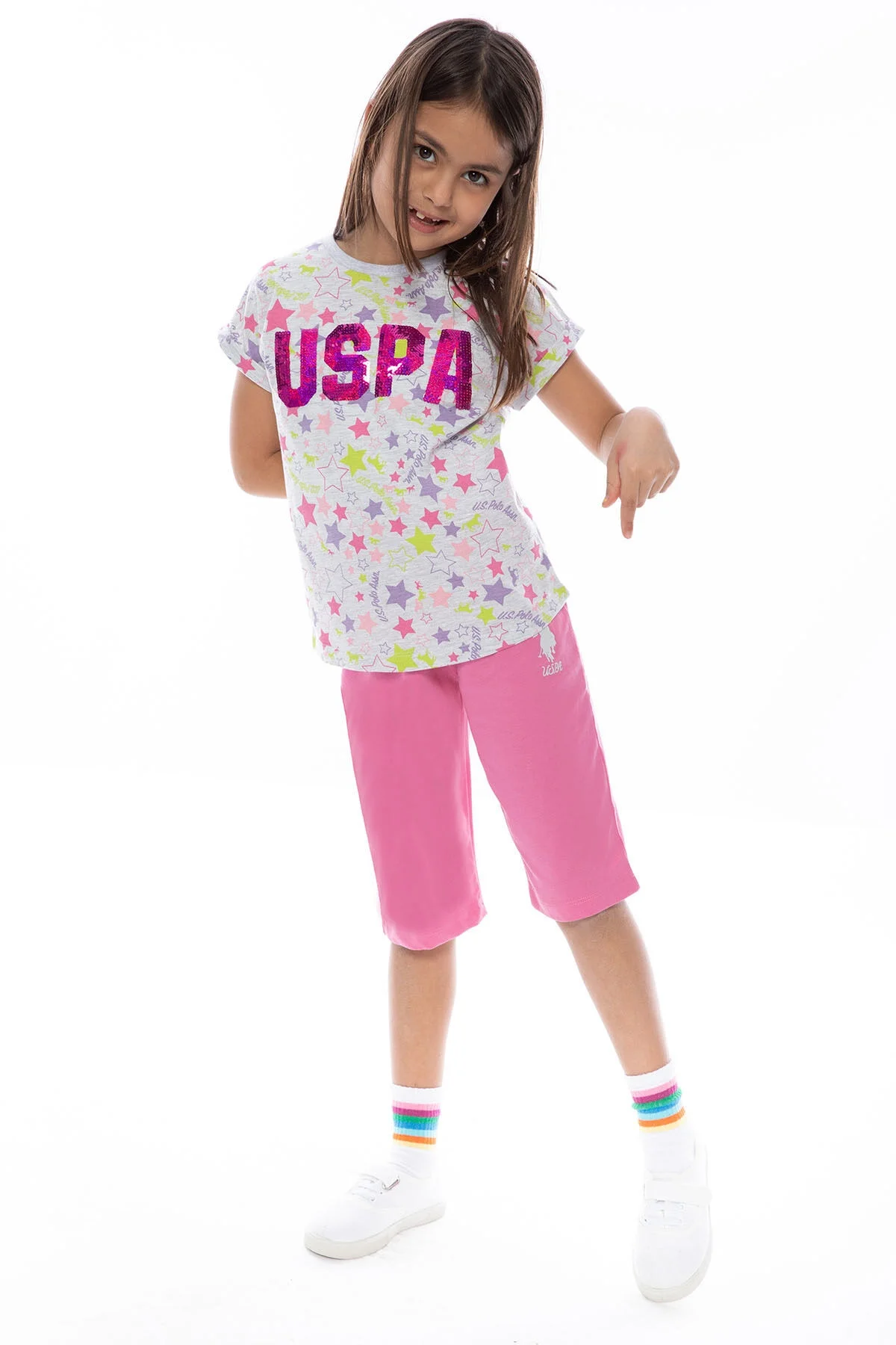 U.S. Polo Assn Kids kız çocuk gri kapri takımı, parlak yıldız desenli üst ve pembe kapri, çocuk giyim ürün görseli