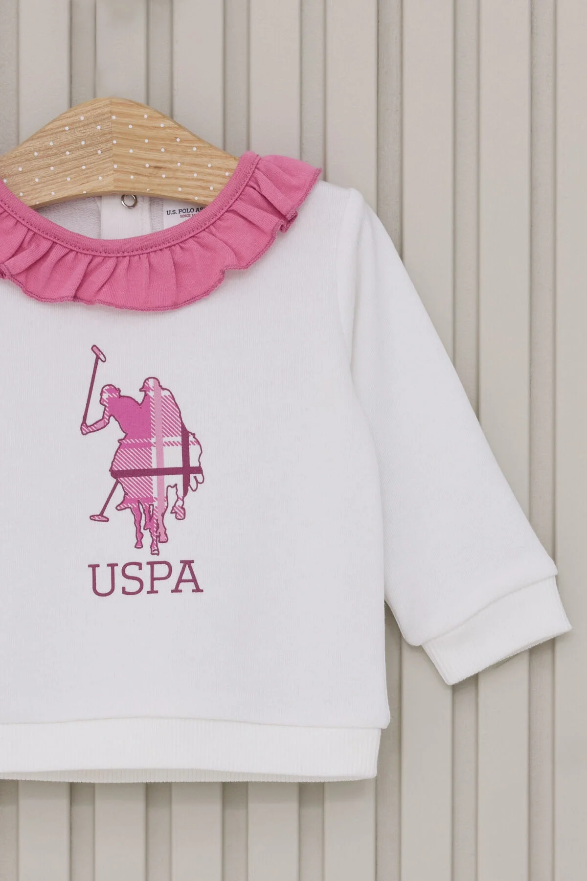 U.S. Polo Assn Kız Bebek Beyaz ve Pembe Takım, ruffles ve kare desenli pantolon, Arnetta markası bebek giyim seti