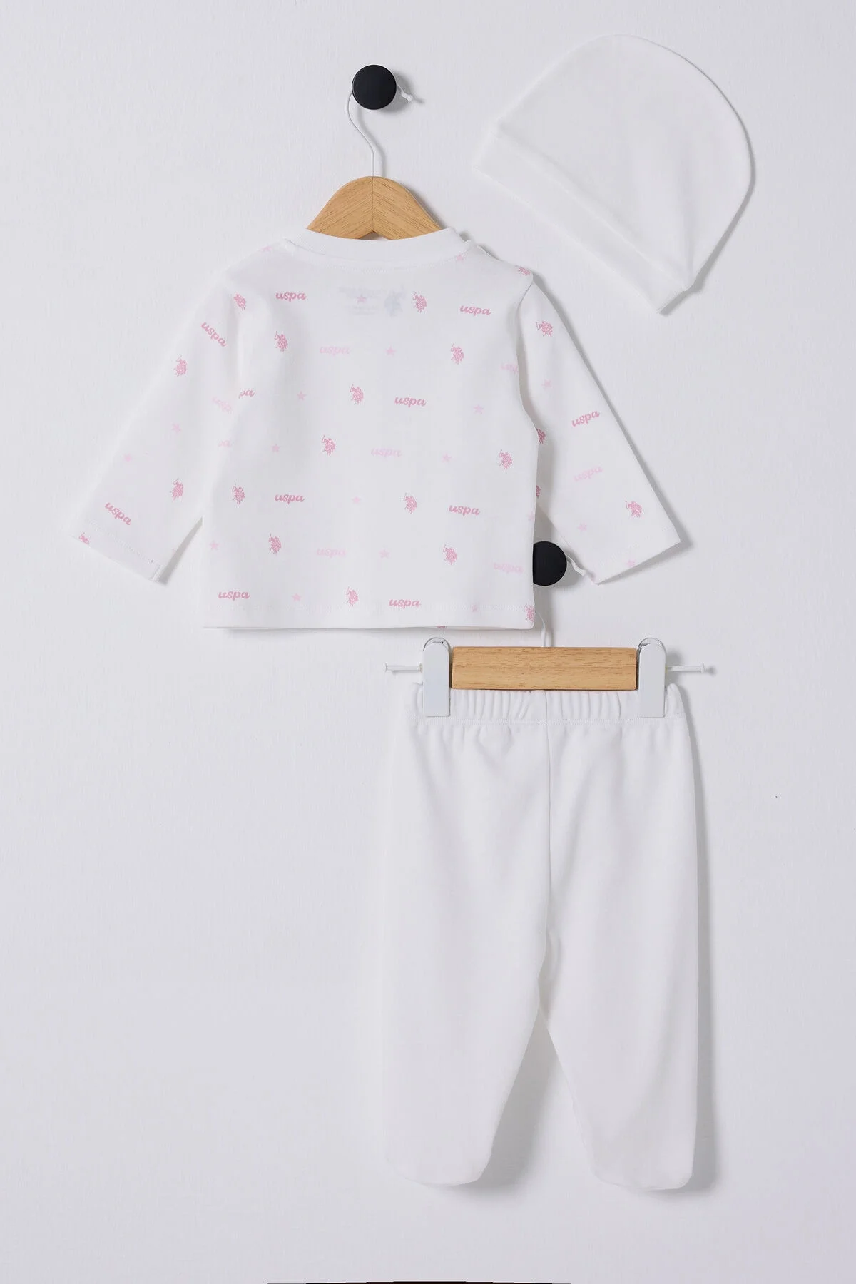 Beyaz U.S. Polo Assn kız bebek takım elbise, pembe desenli ceket ve pantolon, bebek giyim seti