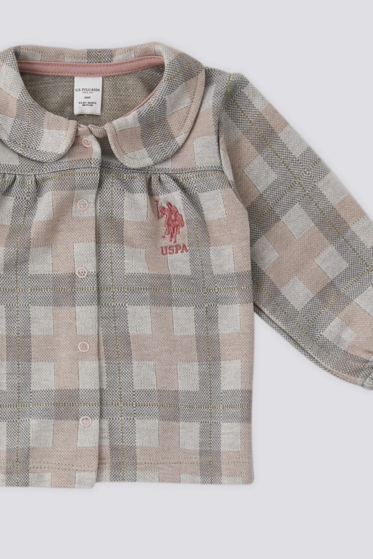 U.S. Polo Assn Kız Bebek Gri Takım, kare desenli gömlek ve pembe pantolon, marka logosuyla bebek giyim seti