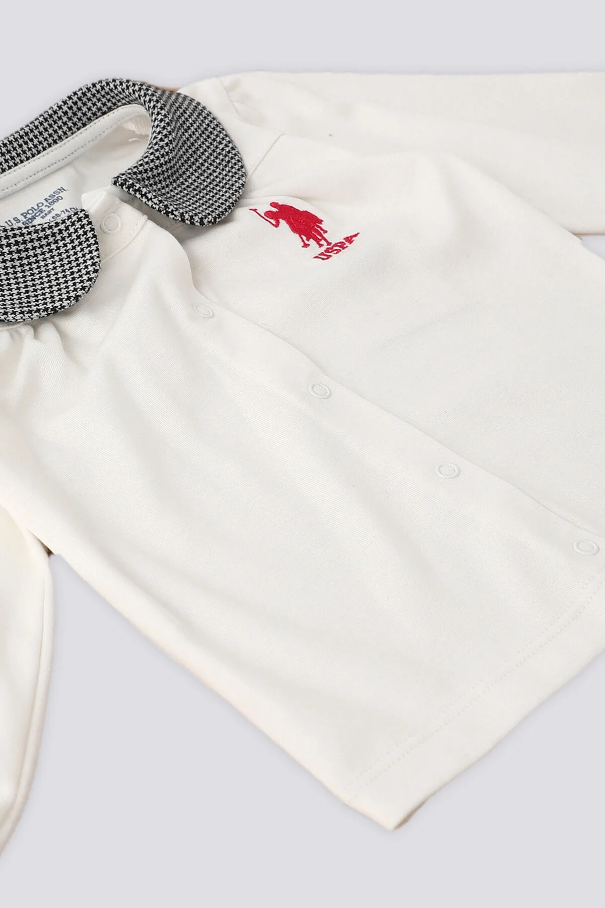U.S. Polo Assn Kız Bebek Gri Houndstooth Takım, beyaz gömlek ve gri desenli pantolon, marka logosu ile bebek giyim seti