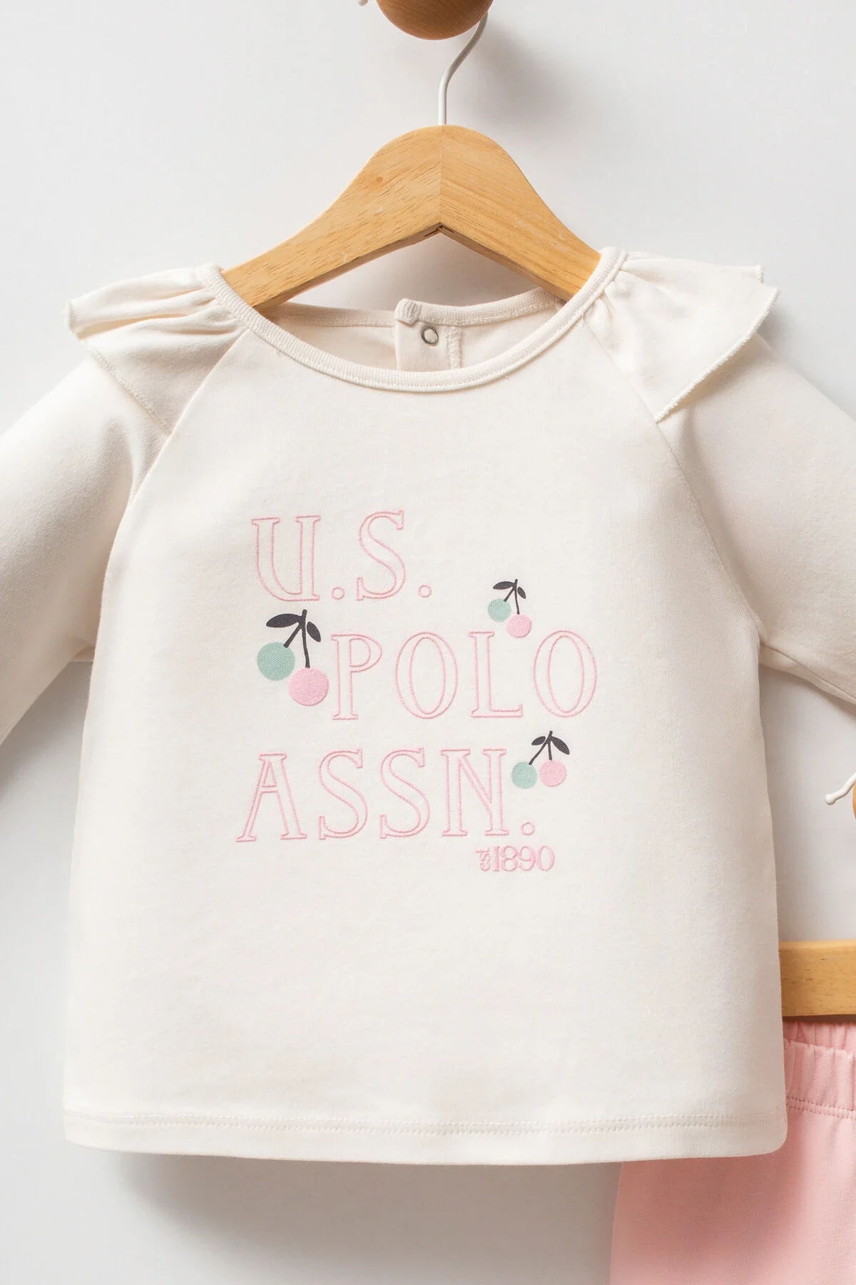 U.S. Polo Assn Kız Bebek Krem Takım, pembe pantolonlu, dantelli gömlek, bebek takımları toptan