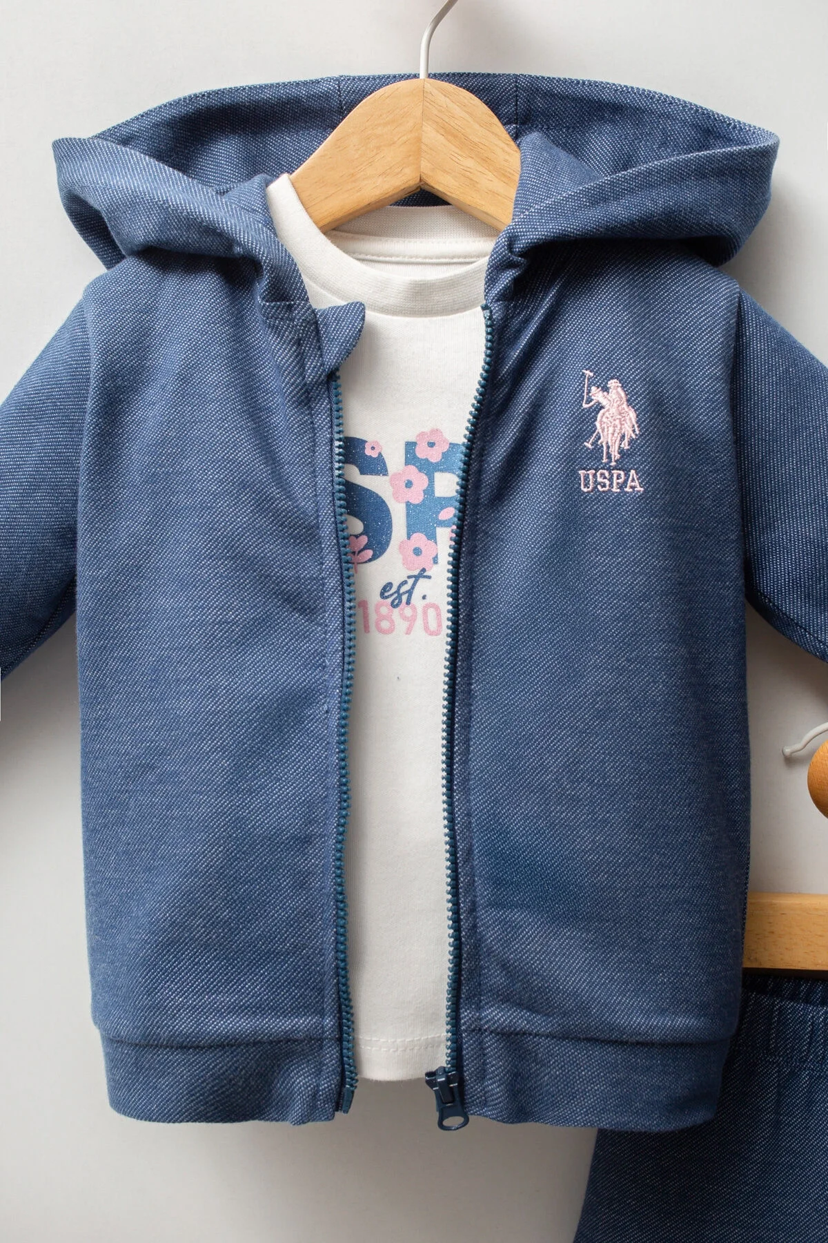 Mavi U.S. Polo Assn kız bebek takım elbise, kapüşonlu ceket ve pantolon, Arnetta markası, bebek giyim seti