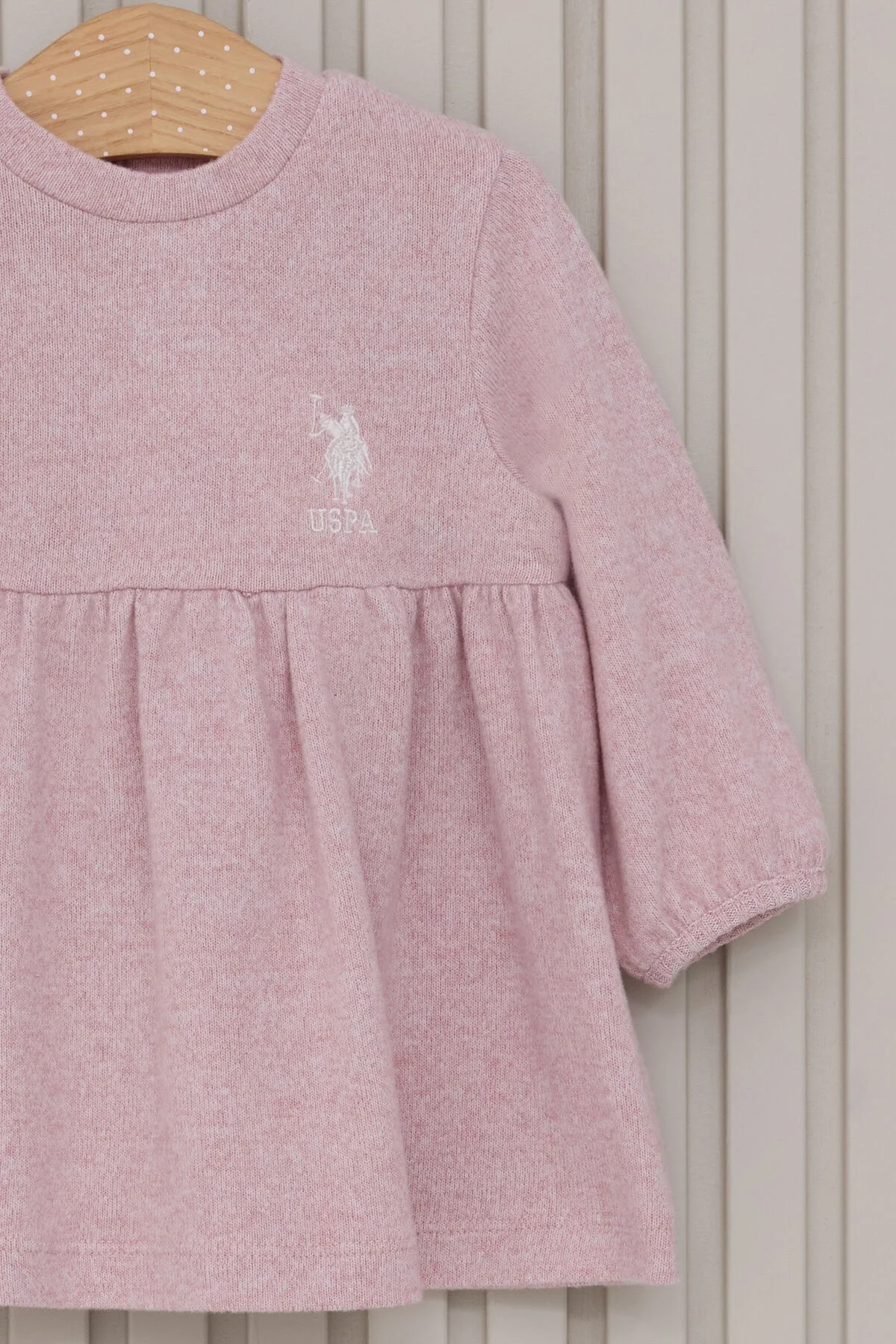 Mor U.S. Polo Assn kız bebek elbise, yuvarlak yaka, uzun kollu, göğüs üzerinde marka logosu, modern bebek elbise modeli