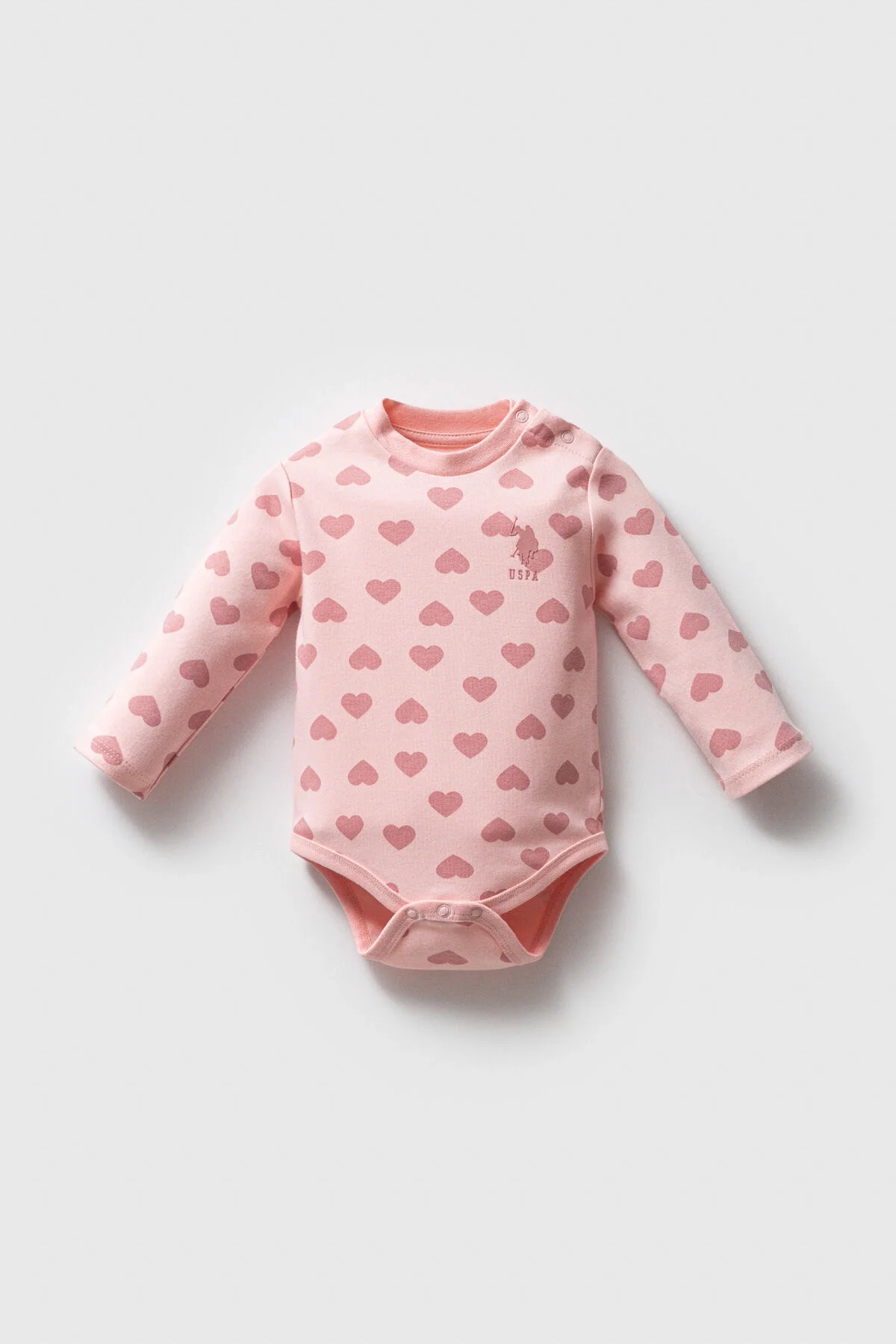 U.S. Polo Assn Kız Bebek Pembe 3'lü Body Set, kalın kumaş, kalp desenli, bebek iç giyim seti, marka logosu, beyaz ve pembe renkler
