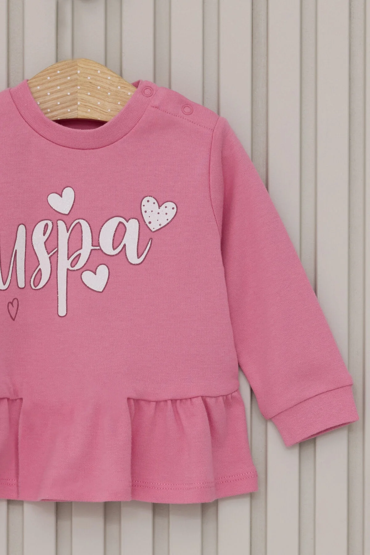 Pembe USPA marka kız bebek takım elbise, kalp desenli üst ve kareli pantolon, bebek giyim seti