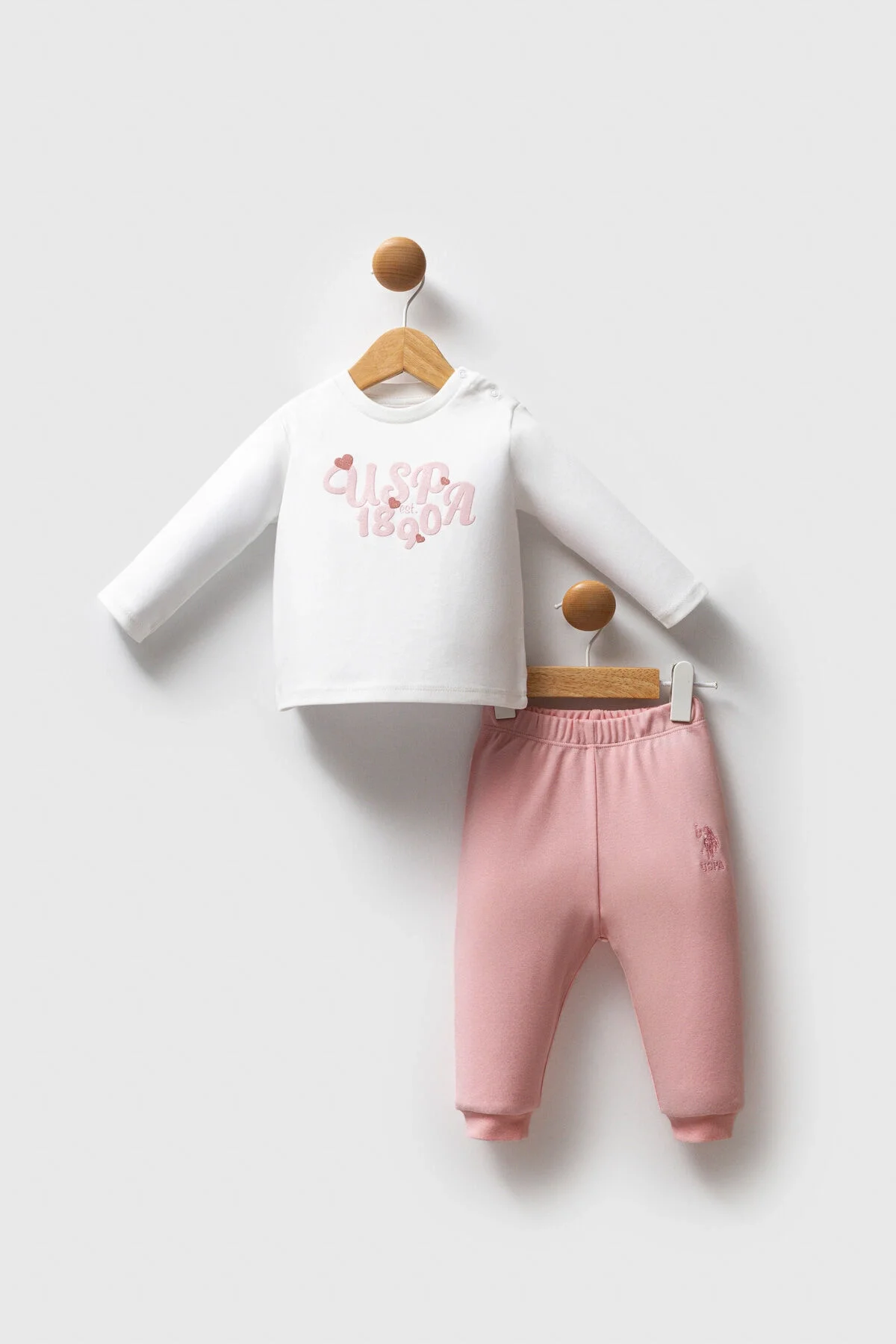 Pembe kalp desenli U.S. Polo Assn kız bebek takım elbise, kapüşonlu ceket ve pantolon, Arnetta markası, bebek giyim seti