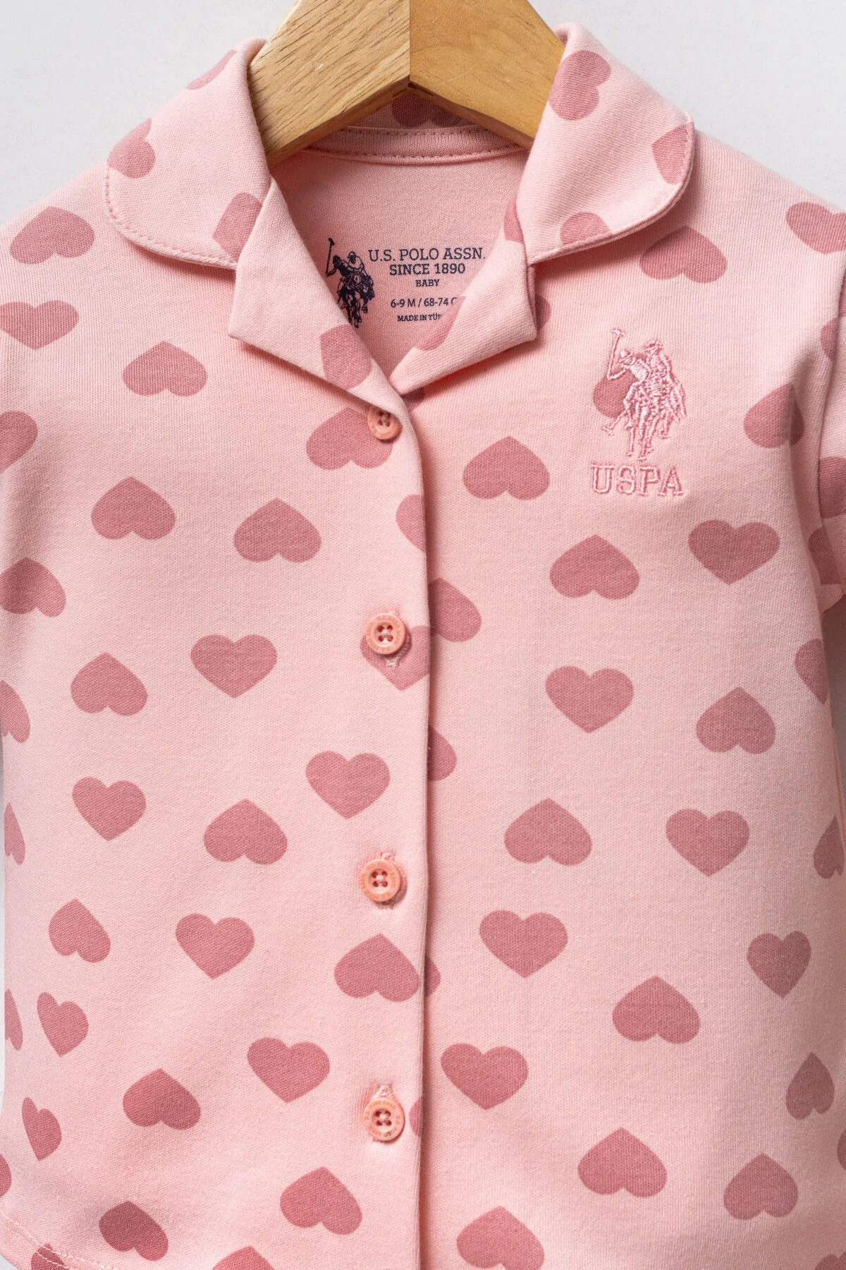 Pembe kalp desenli U.S. Polo Assn kız bebek takım elbise, uzun kollu ceket ve pantolon, bebeğin günlük giyimini tamamlayan kıyafet seti