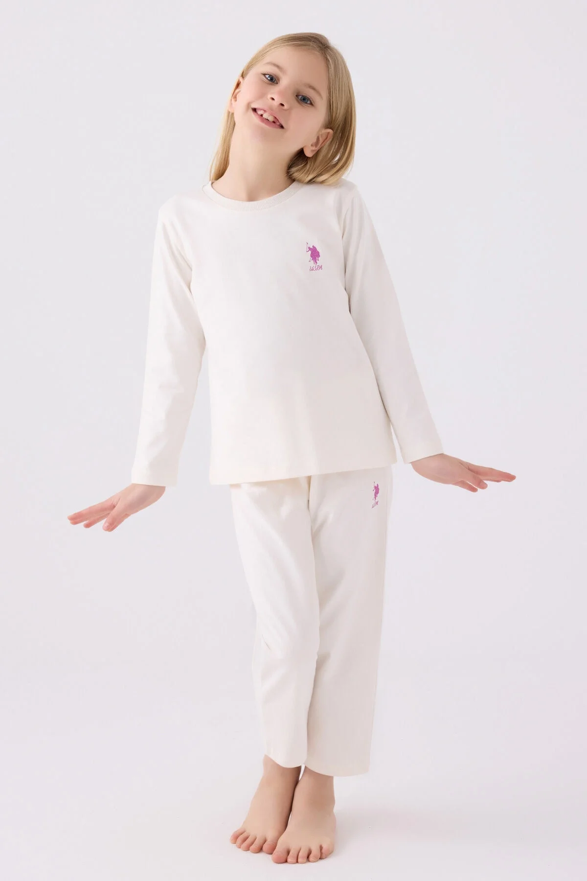 Arnetta U.S. Polo Assn Kız Çocuk Beyaz Pijama Takımı Pijama Takımı Toptan