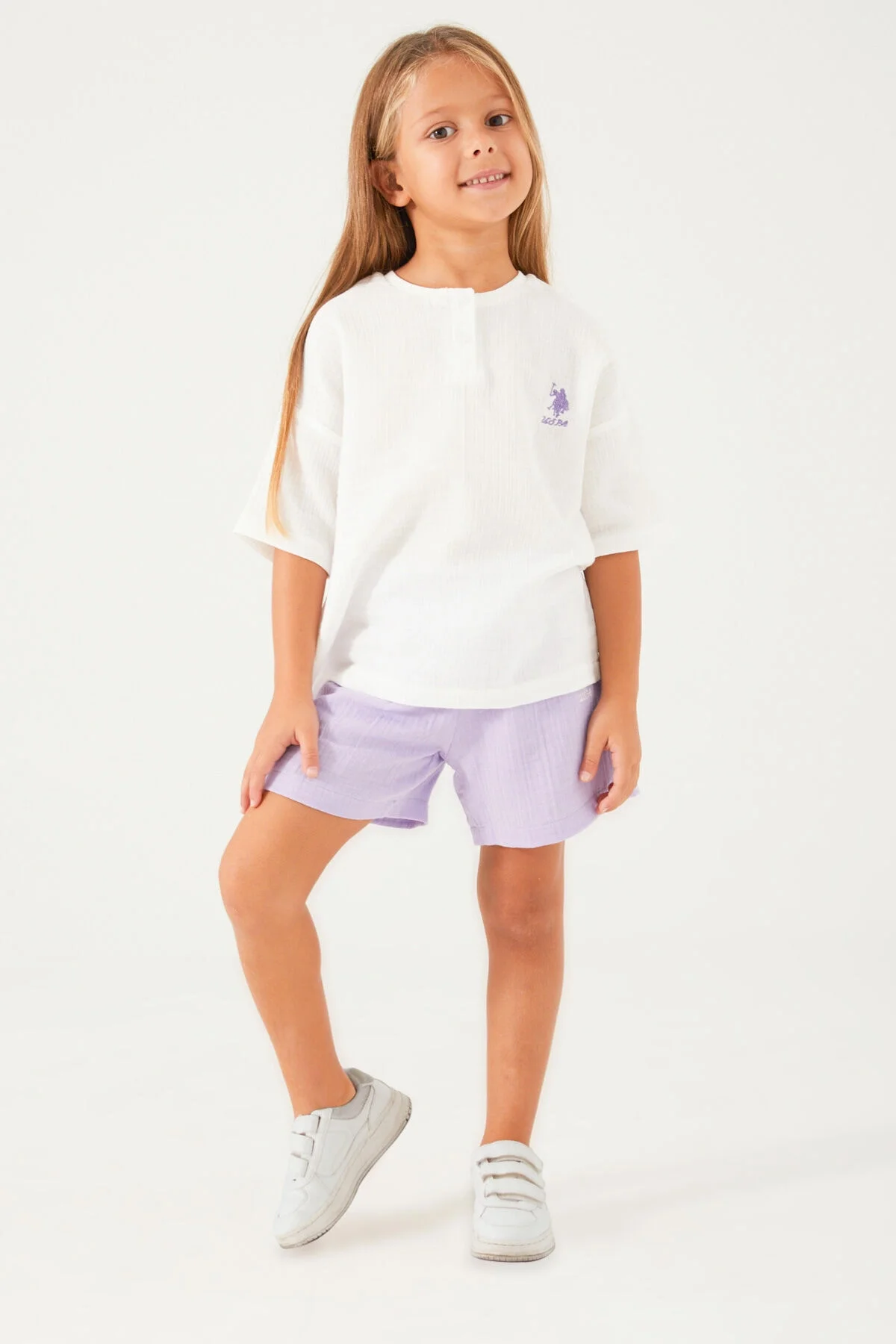 U.S. Polo Assn kız çocuk beyaz ve lavanta şort takım, marka logosu, çocuk giyim, yazlık iç giyim