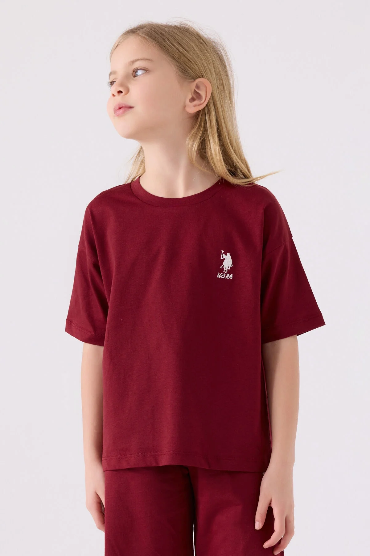 Kız çocuk bordo Bermuda takım elbise, U.S. Polo Assn marka, beyaz logo, spor stil, çocuk giyim