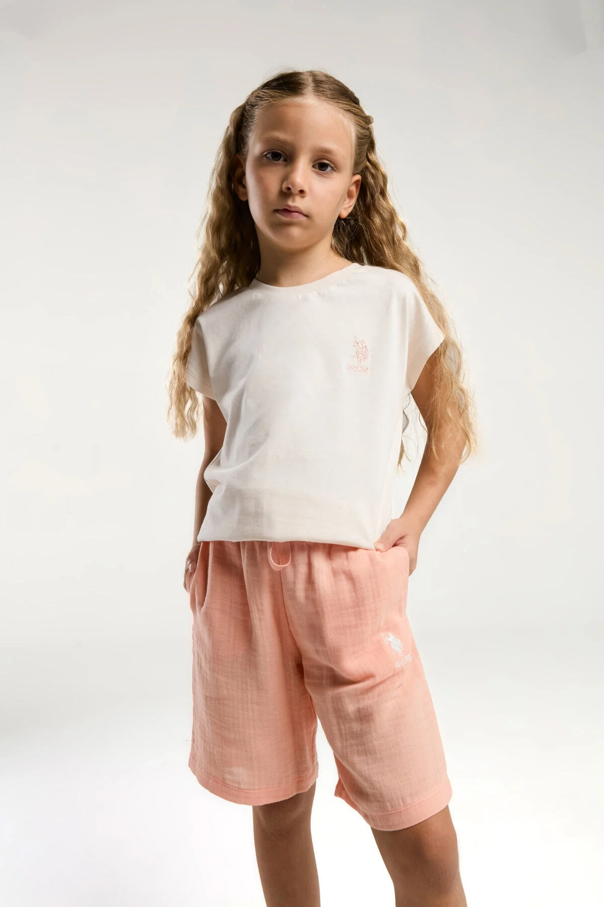 Arnetta U.S. Polo Assn Kız Çocuk Krem Bermuda Takım Bermuda Takım Toptan