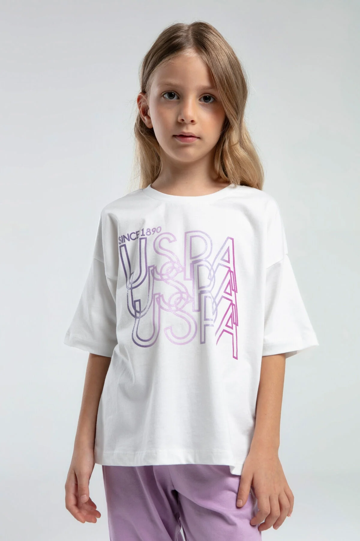 U.S. Polo Assn Kız Çocuk Krem Pijama Takımı, mor pantolon ve beyaz üst, Arnetta markası, çocuk pijama seti