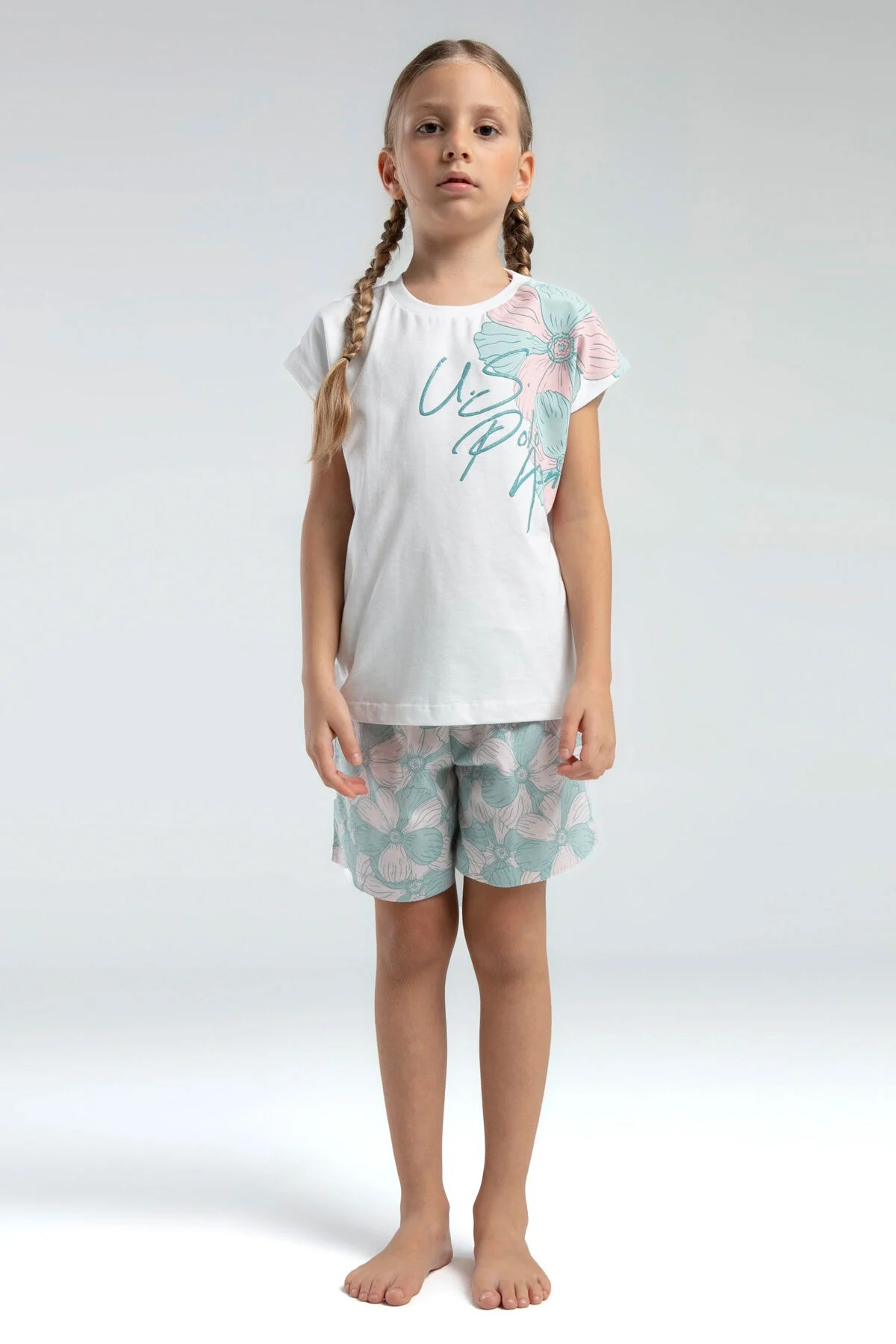 Arnetta U.S. Polo Assn Kız Çocuk Krem Şort Takım Şort Takım Toptan