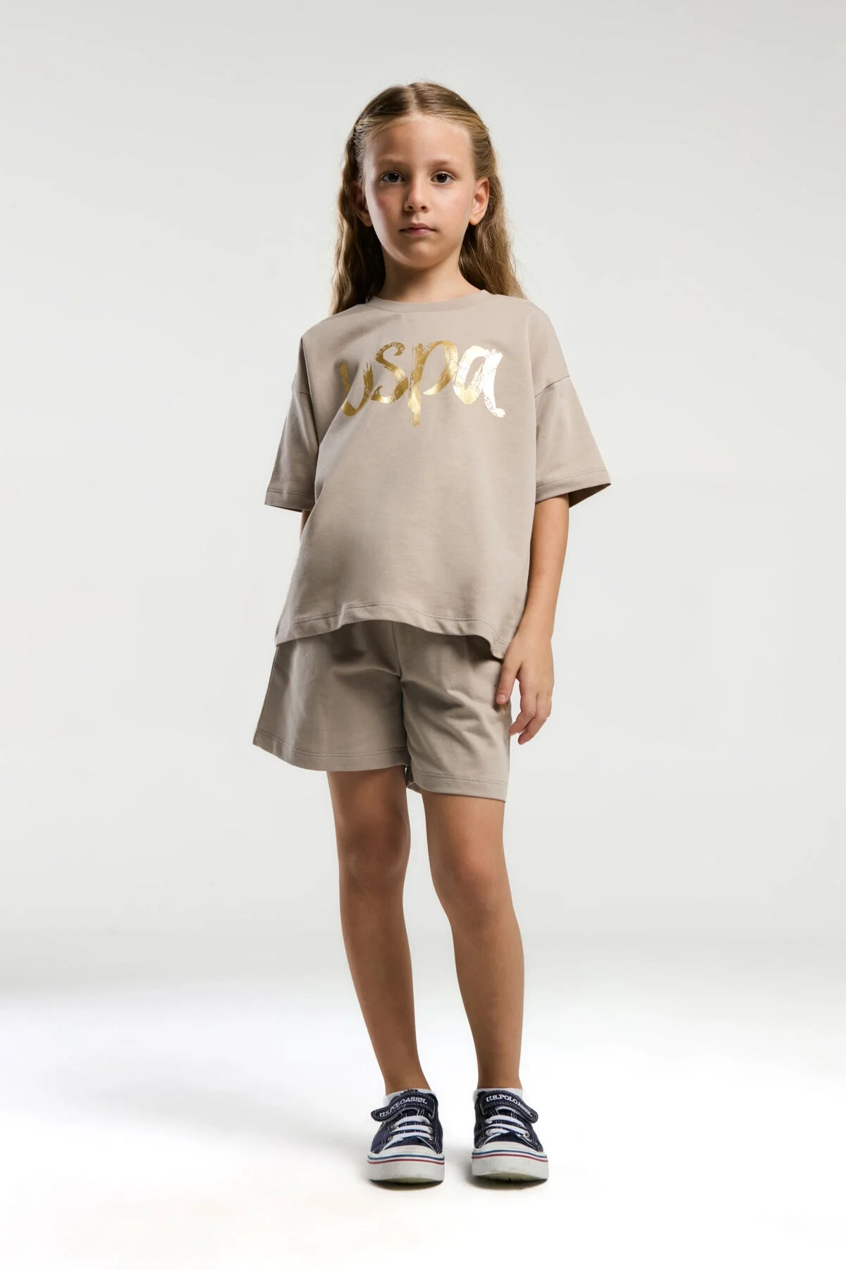 Arnetta U.S. Polo Assn Kız Çocuk Krem Şort Takım Şort Takım Toptan