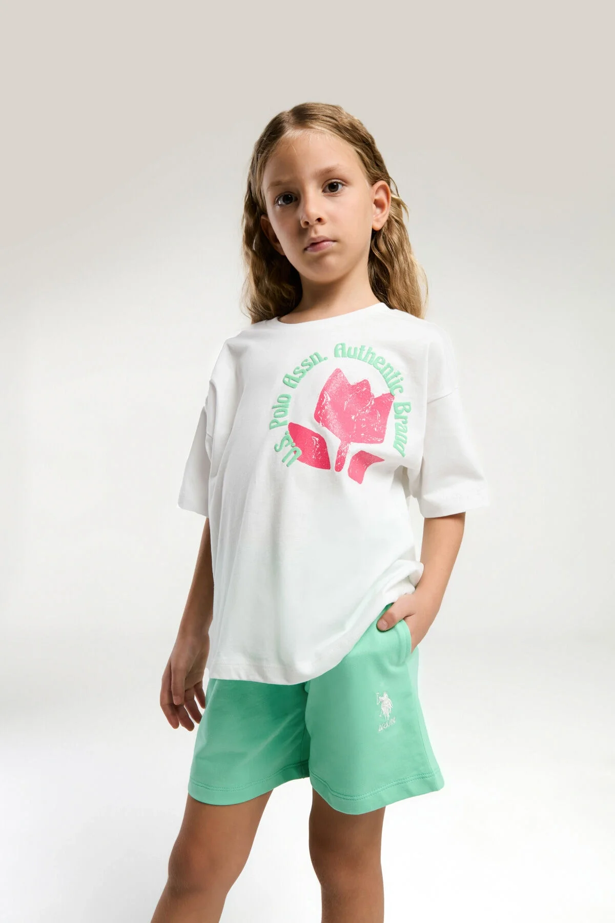 Arnetta U.S. Polo Assn Kız Çocuk Krem Şort Takım Şort Takım Toptan