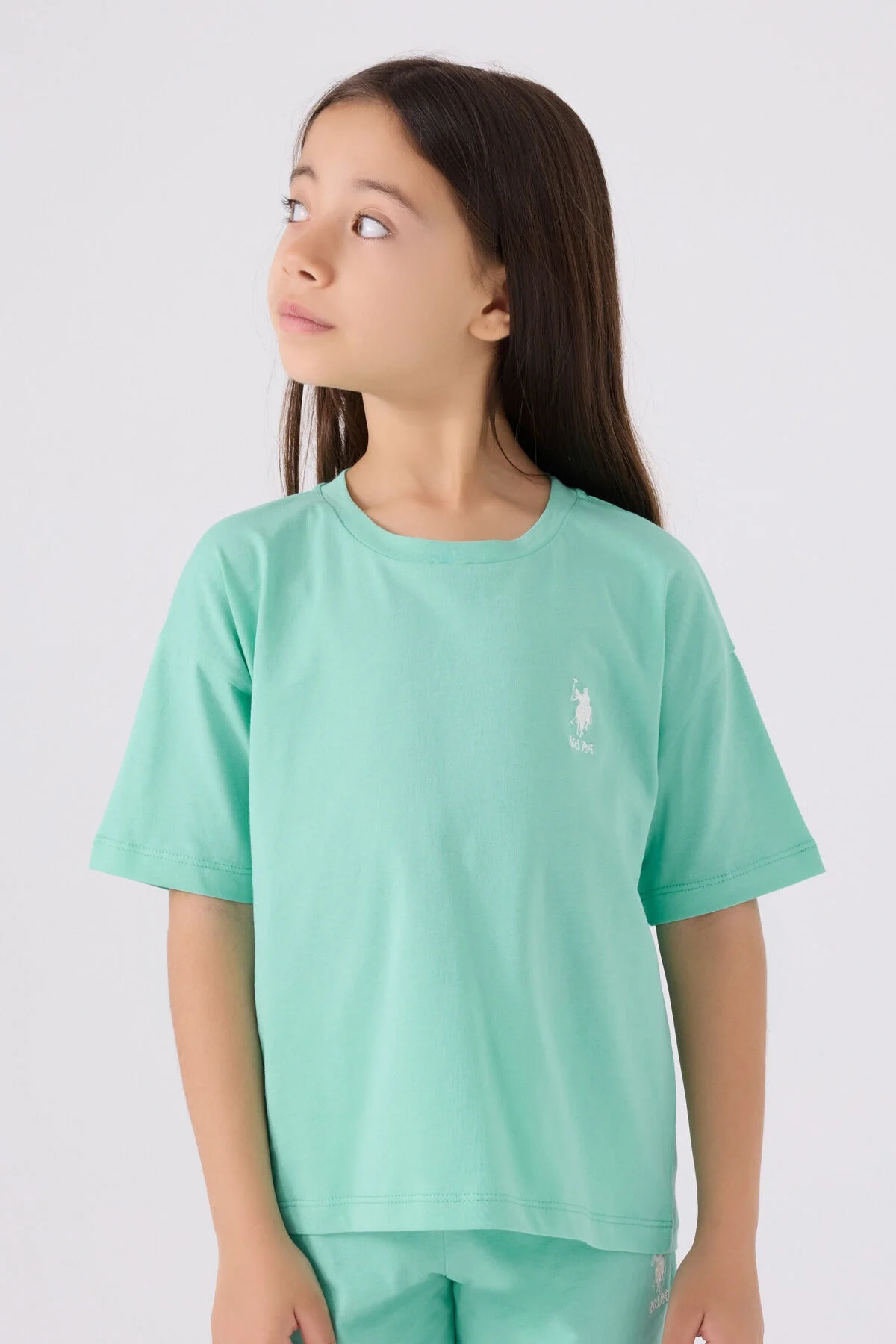 Mavi U.S. Polo Assn kız çocuk Bermuda takım elbette, ön ve yan görünüm, marka logosu, çocuk giyim