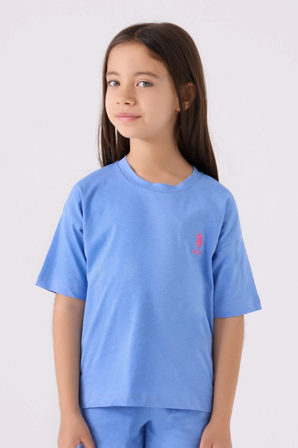 Mavi U.S. Polo Assn kız çocuk Bermuda takım elbette, ön görünüm, marka logosu, spor ve günlük giyim stilinde
