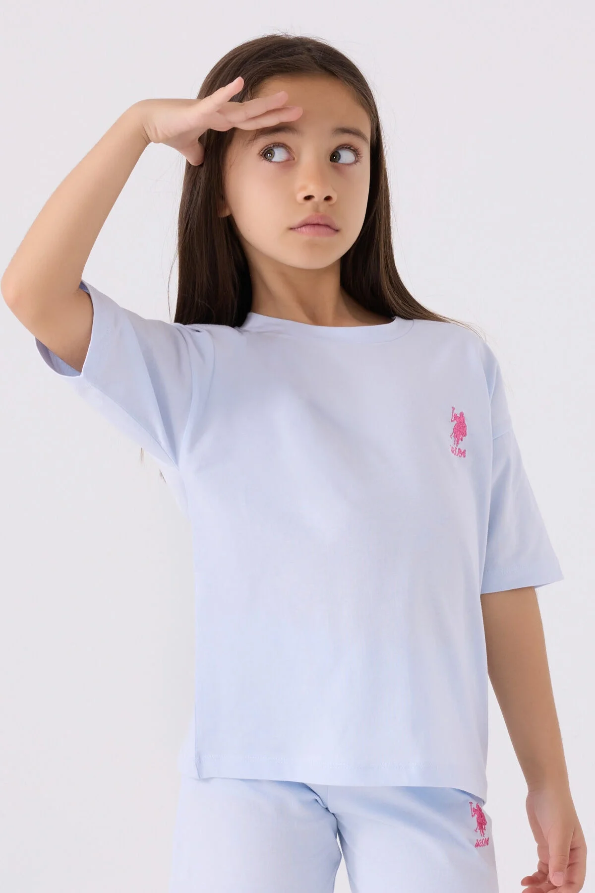 Mavi U.S. Polo Assn kız çocuk Bermuda takım elbette, ön ve yan görünüm, marka logosu detaylı