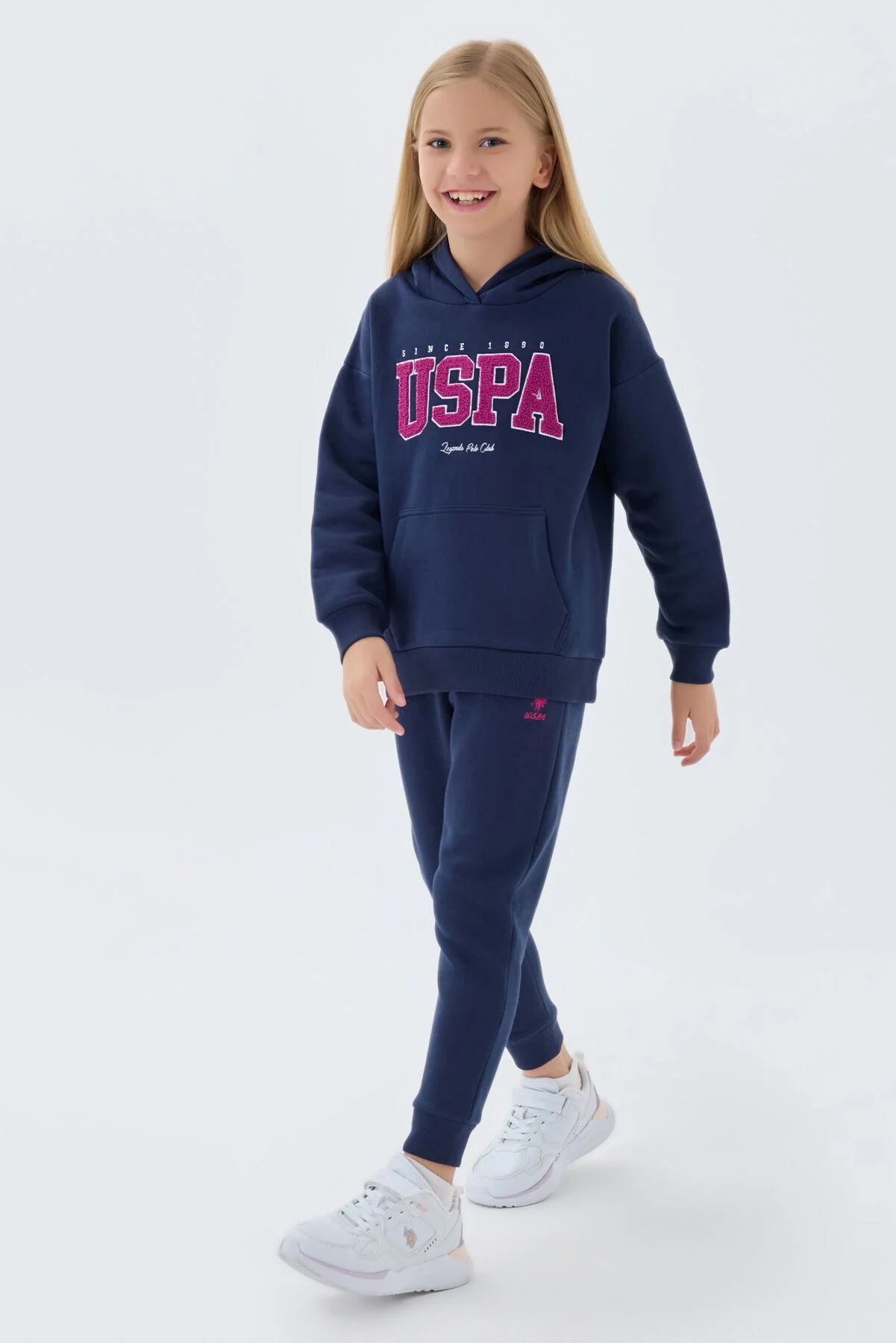 Mavi USPA marka kız çocuk eşofman takımı, kapüşonlu sweatshirt ve pantolon, spor ve günlük giyim için