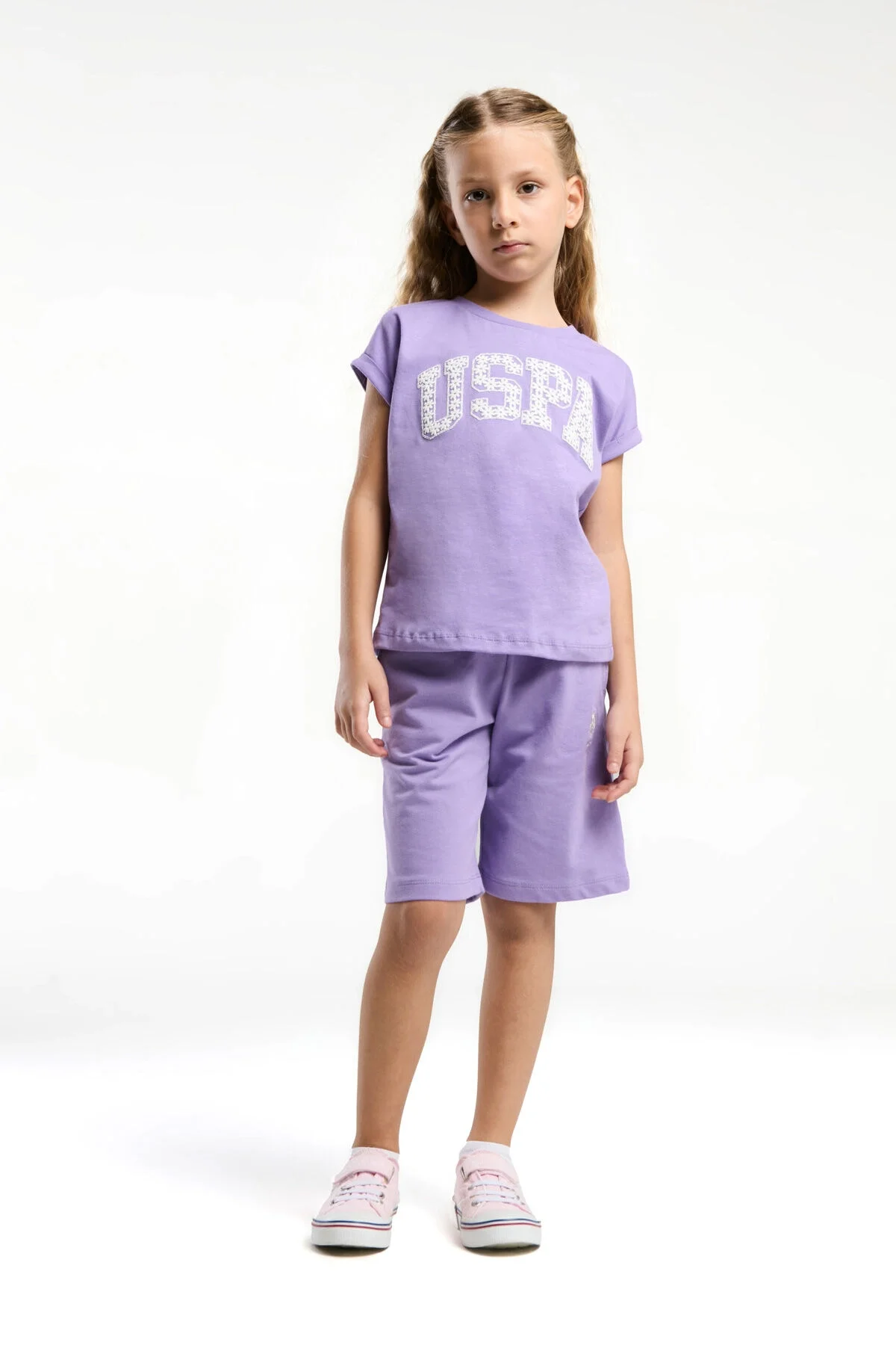 Mor U.S. Polo Assn kız çocuk Bermuda takım, yazlık spor giyim, marka logolu üst ve kısa pantolon
