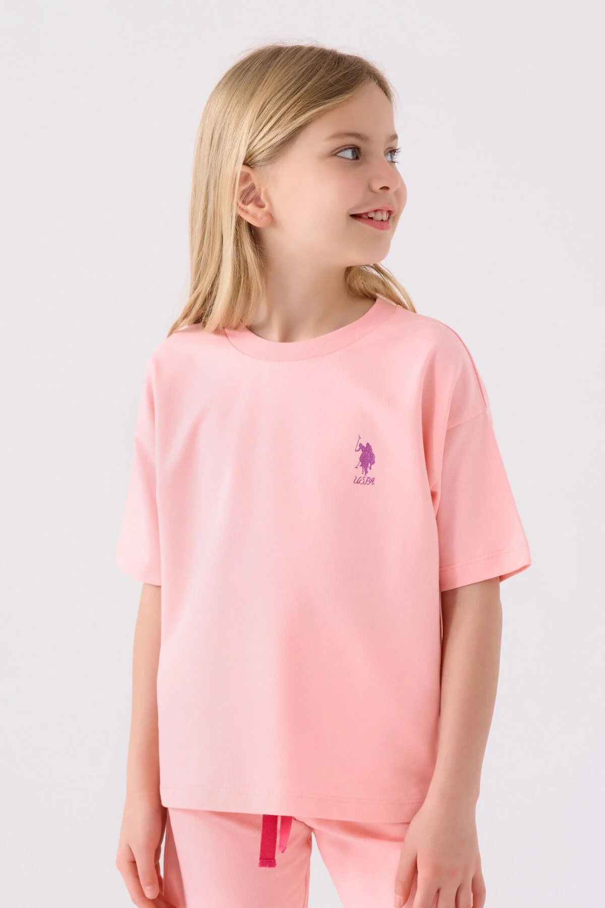 Pembe U.S. Polo Assn kız çocuk Bermuda takım elbette, ön görünüm, marka logosu, rahat spor stil