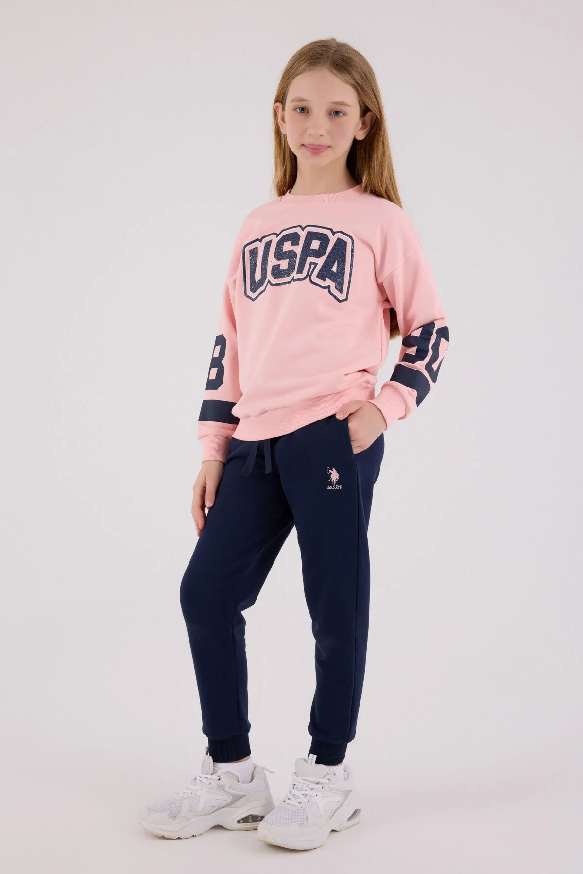 Pembe USPA yazışlı kız çocuk eşofman takımı, koyu mavi pantolonlu, spor stil, çocuk giyim