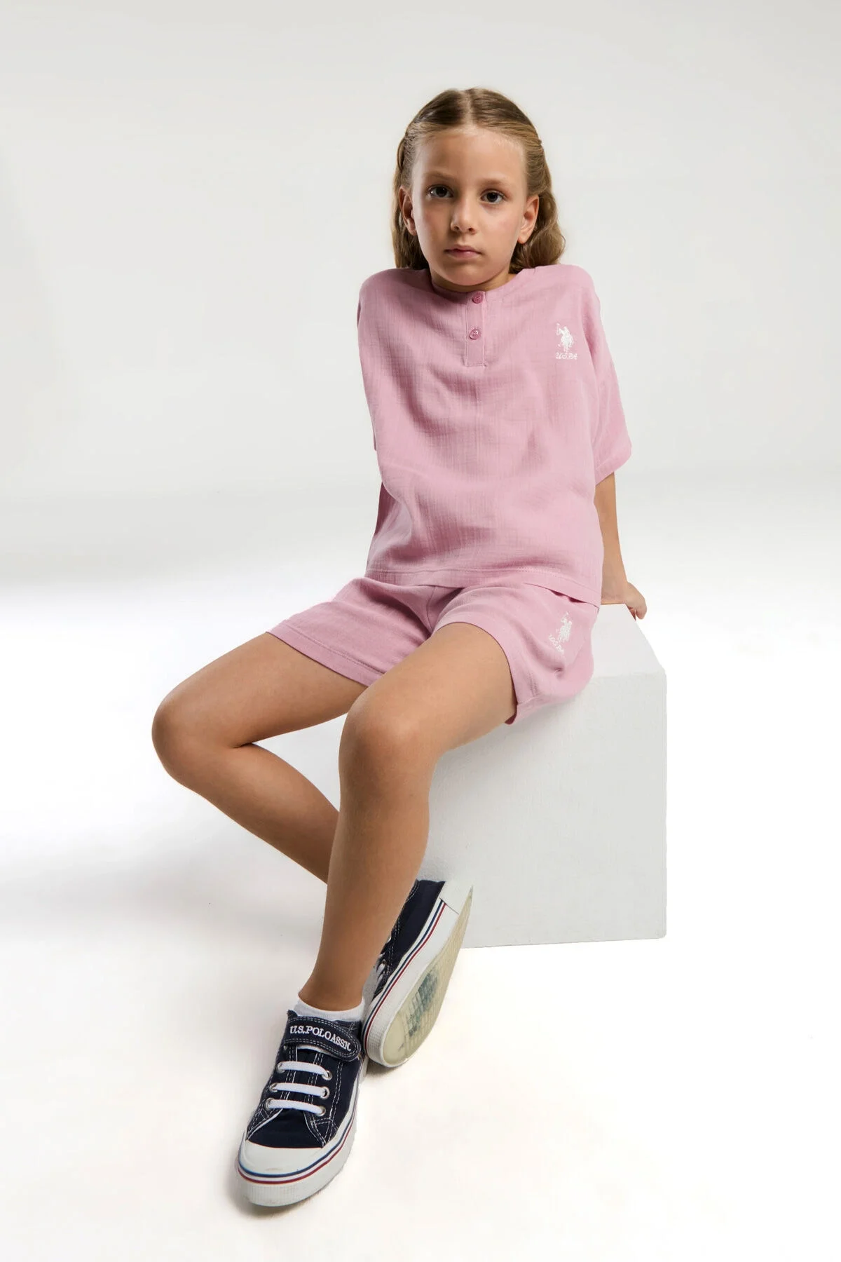Pembe U.S. Polo Assn kız çocuk şort takımı, kısa kollu üst ve kısa şort, çocuk iç giyim, Arnetta markası