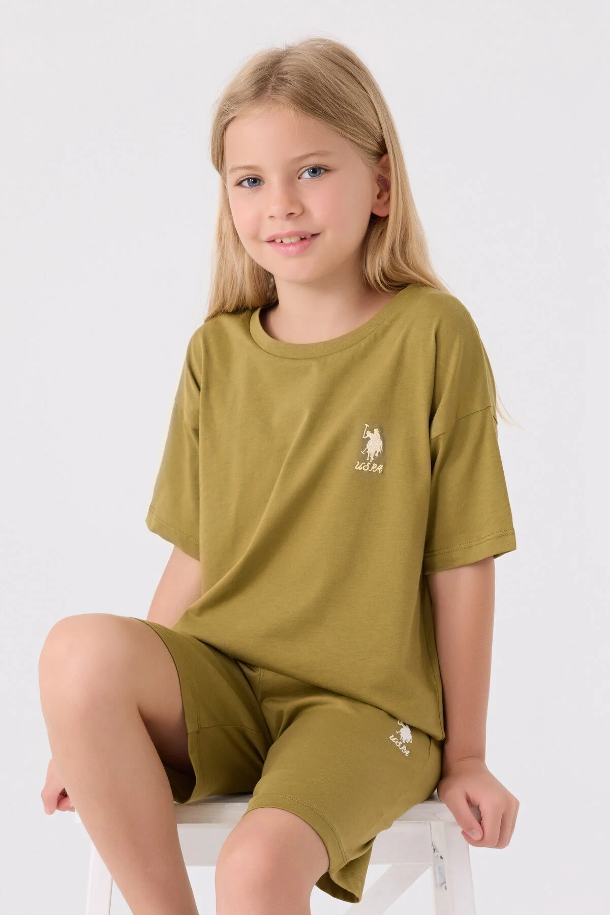 Yeşil U.S. Polo Assn kız çocuk Bermuda takım elbette, marka logosu ön göğüs, spor ve günlük giyim için ideal