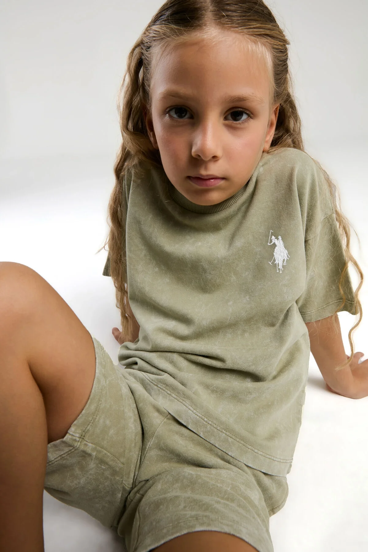 Yeşil U.S. Polo Assn kız çocuk Bermuda takım elbette, üst ve alt birlikte, marka logosu ön göğüsünde