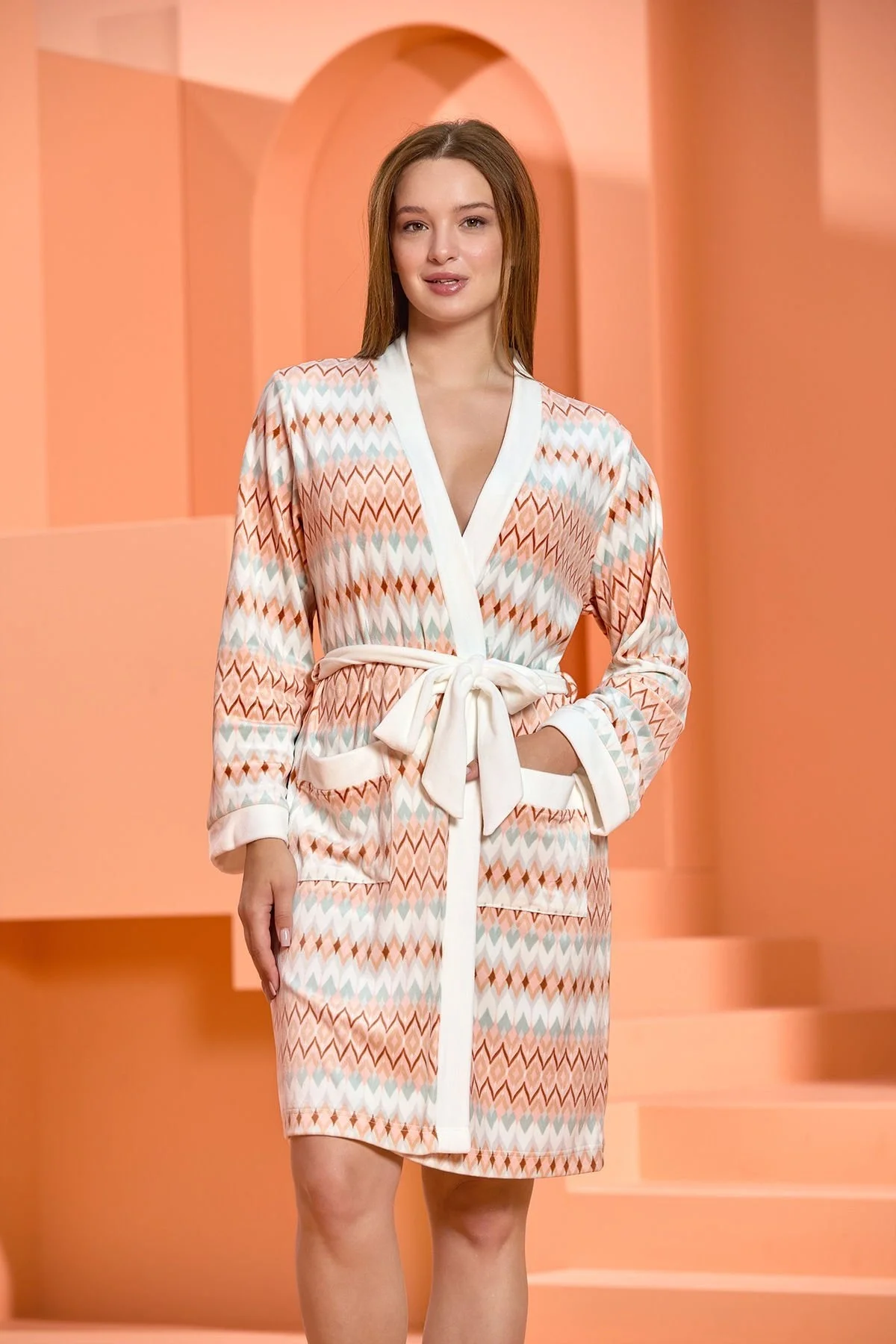 Cossy By Aqua Uzun Kol Desenli Kısa Sabahlık CossybyAqua 25018 Gecelik & Sabahlık Toptan